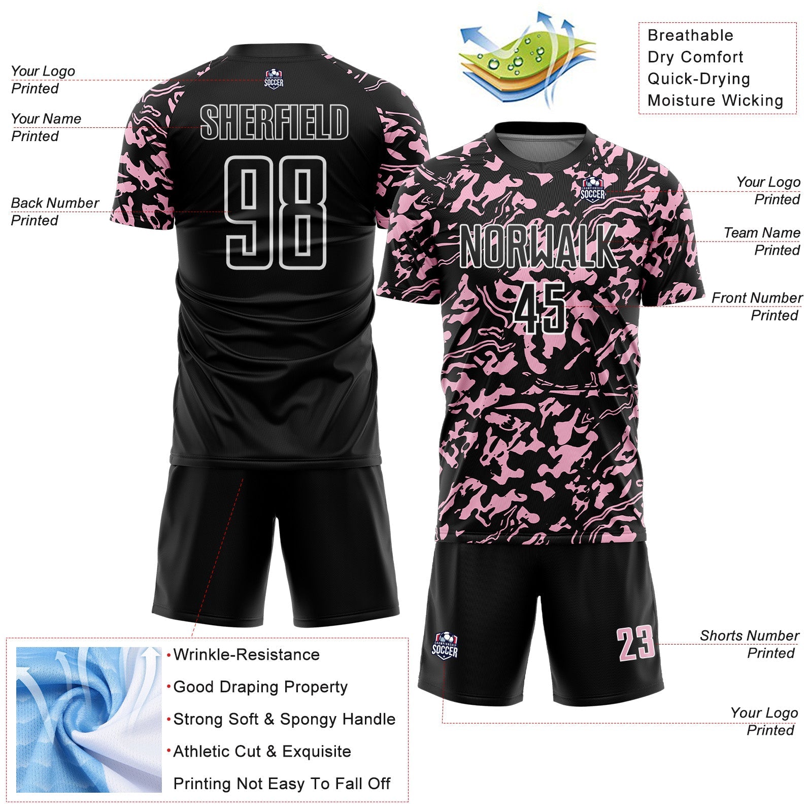 Custom Black Light Pink-White Liquid Fluid Pattern Sports Sublimation Soccer Uniform Jersey