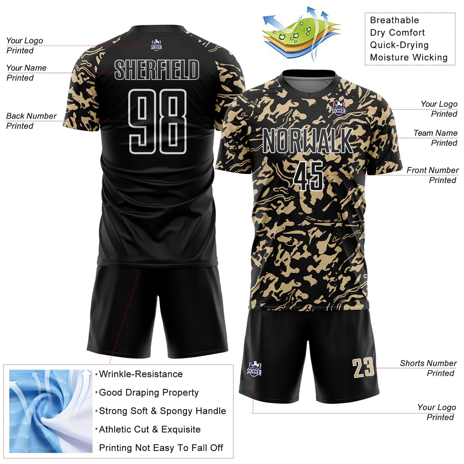 Custom Black Vegas Gold-White Liquid Fluid Pattern Sports Sublimation Soccer Uniform Jersey