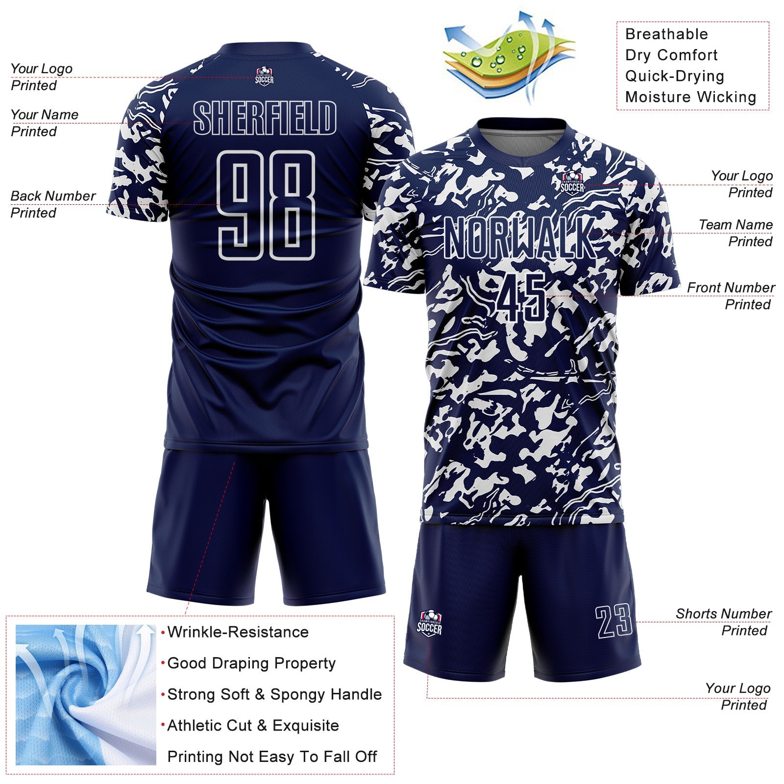 Custom Navy White Liquid Fluid Pattern Sports Sublimation Soccer Uniform Jersey