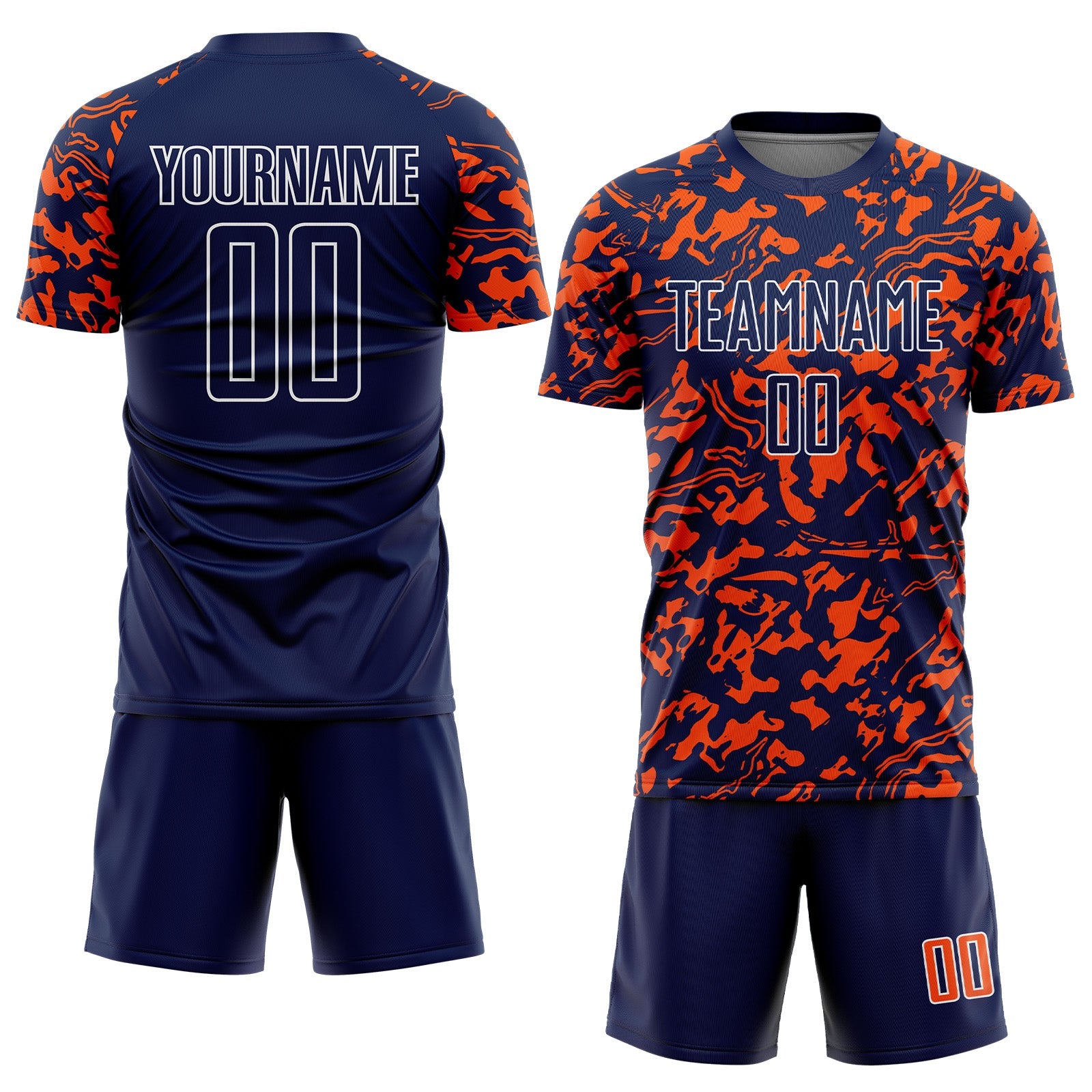 Custom Navy Orange-White Liquid Fluid Pattern Sports Sublimation Soccer Uniform Jersey