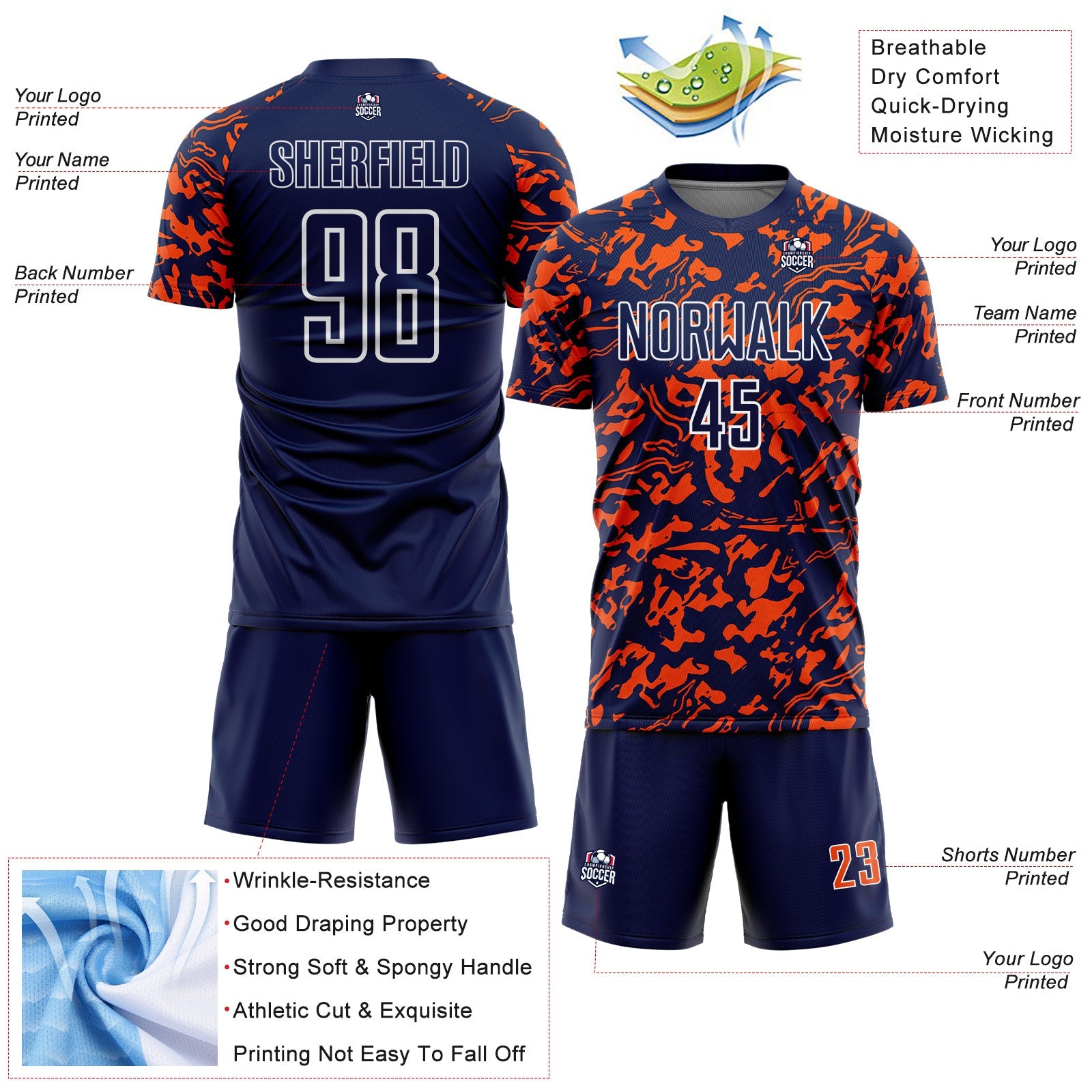 Custom Navy Orange-White Liquid Fluid Pattern Sports Sublimation Soccer Uniform Jersey
