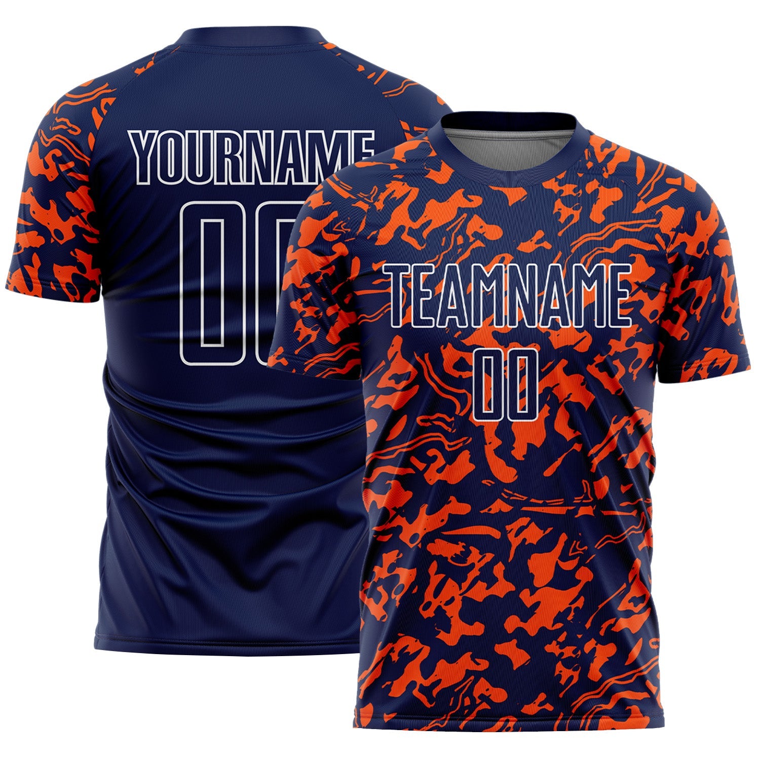 Custom Navy Orange-White Liquid Fluid Pattern Sports Sublimation Soccer Uniform Jersey