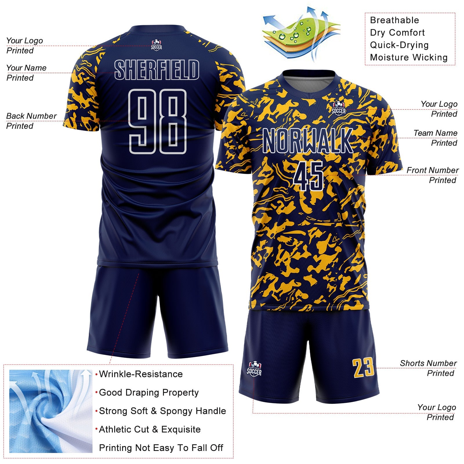 Custom Navy Gold-White Liquid Fluid Pattern Sports Sublimation Soccer Uniform Jersey