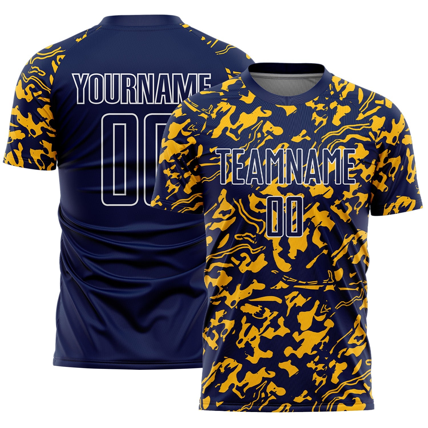 Custom Navy Gold-White Liquid Fluid Pattern Sports Sublimation Soccer Uniform Jersey