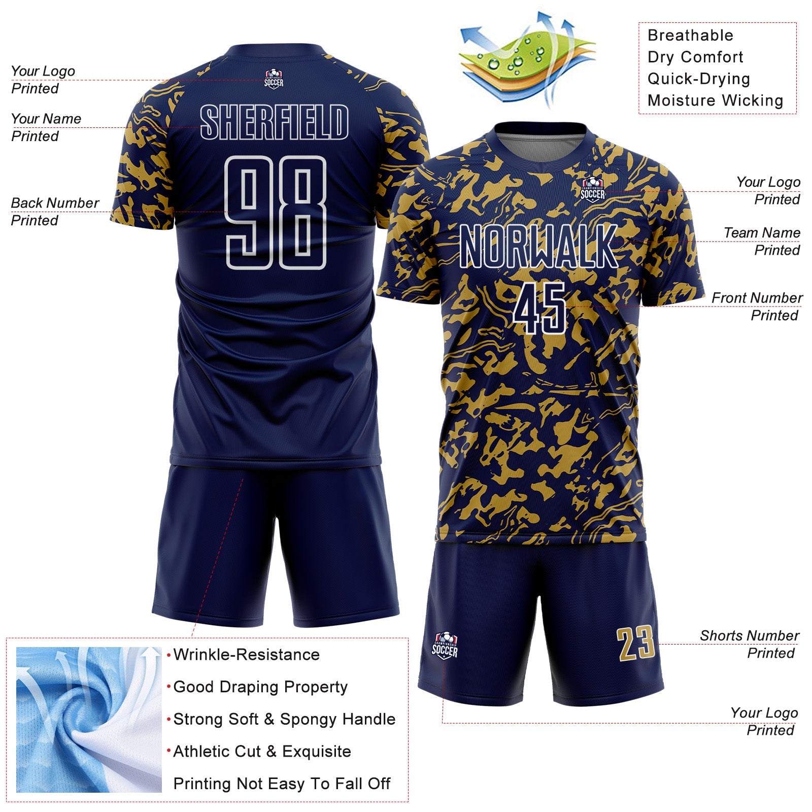Custom Navy Old Gold-White Liquid Fluid Pattern Sports Sublimation Soccer Uniform Jersey