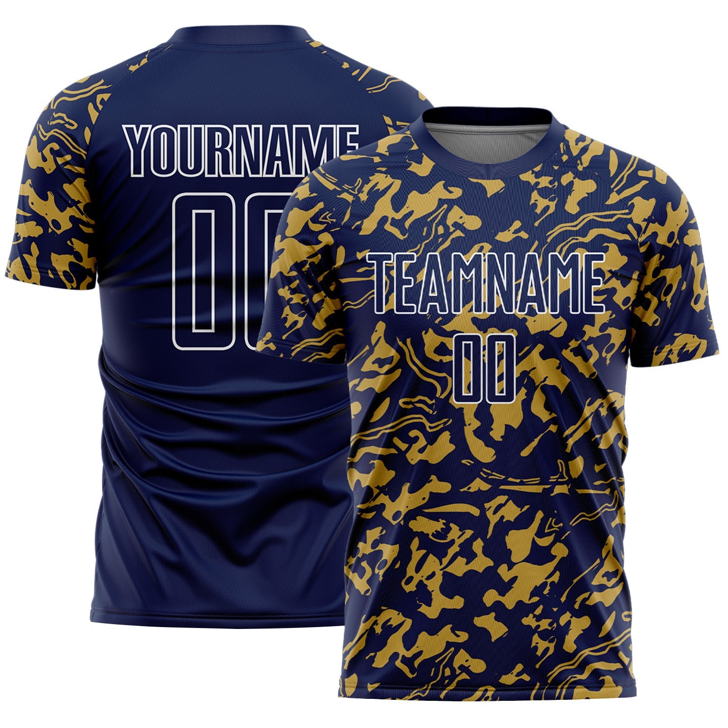Custom Navy Old Gold-White Liquid Fluid Pattern Sports Sublimation Soccer Uniform Jersey
