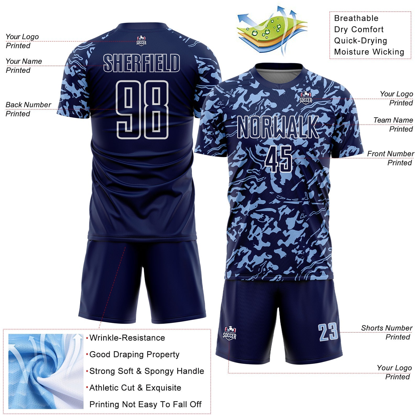 Custom Navy Light Blue-White Liquid Fluid Pattern Sports Sublimation Soccer Uniform Jersey