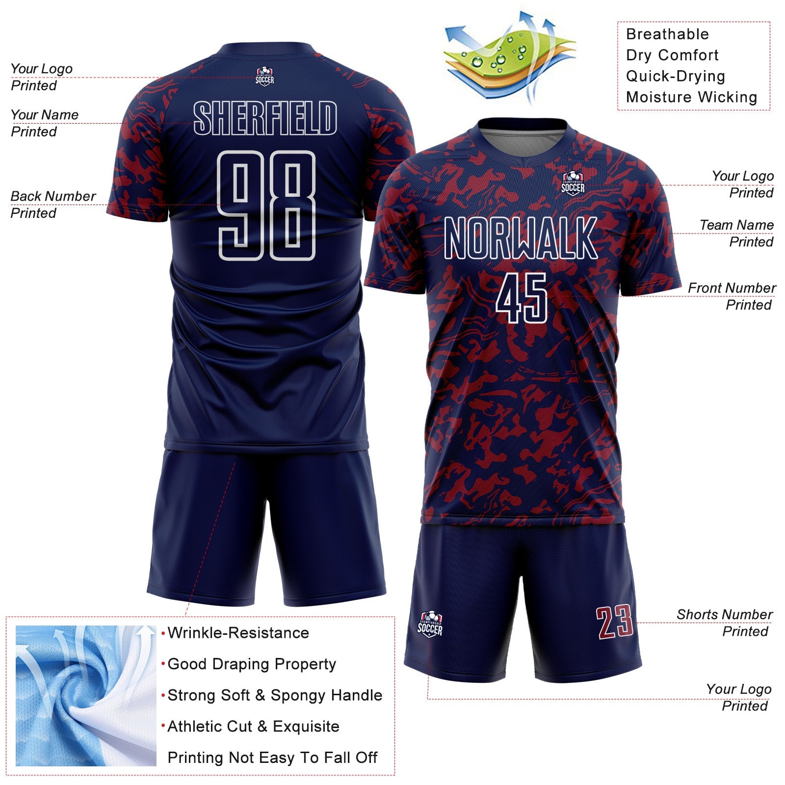 Custom Navy Crimson-White Liquid Fluid Pattern Sports Sublimation Soccer Uniform Jersey