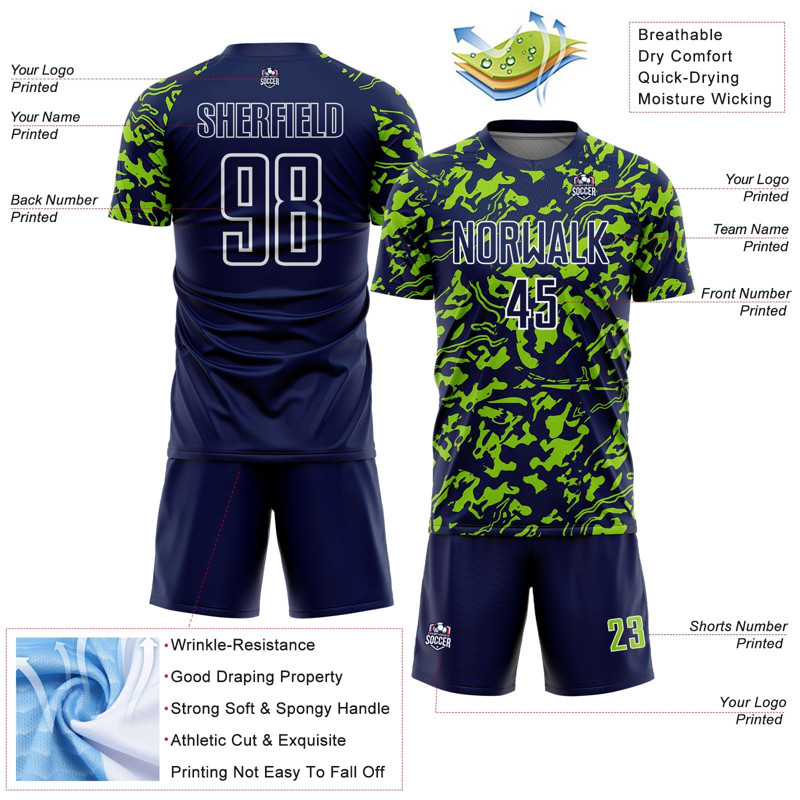 Custom Navy Neon Green-White Liquid Fluid Pattern Sports Sublimation Soccer Uniform Jersey