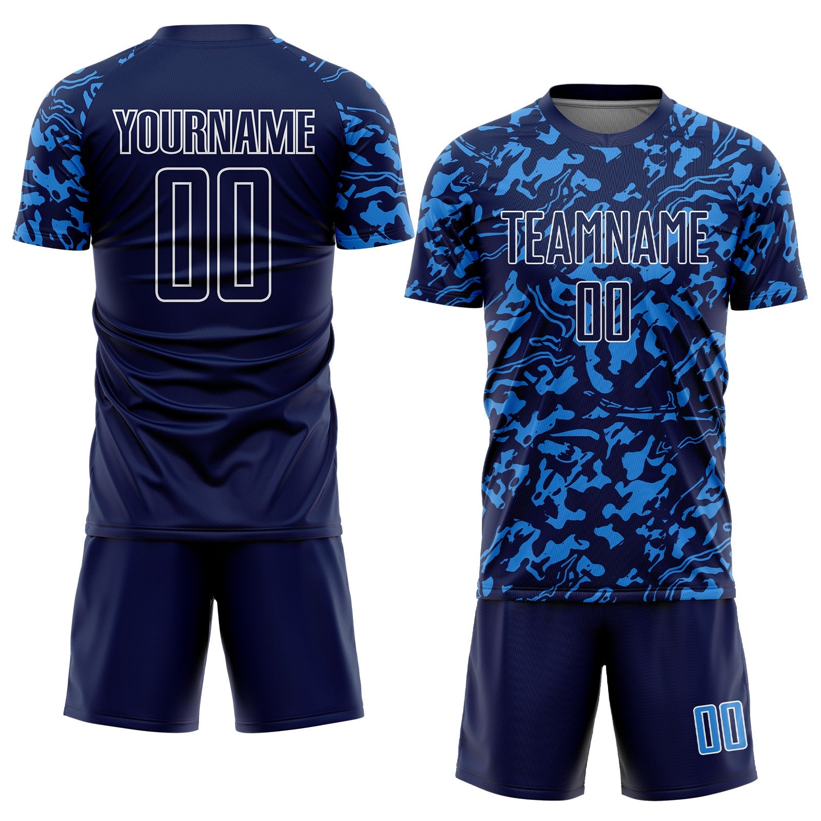 Custom Navy Powder Blue-White Liquid Fluid Pattern Sports Sublimation Soccer Uniform Jersey