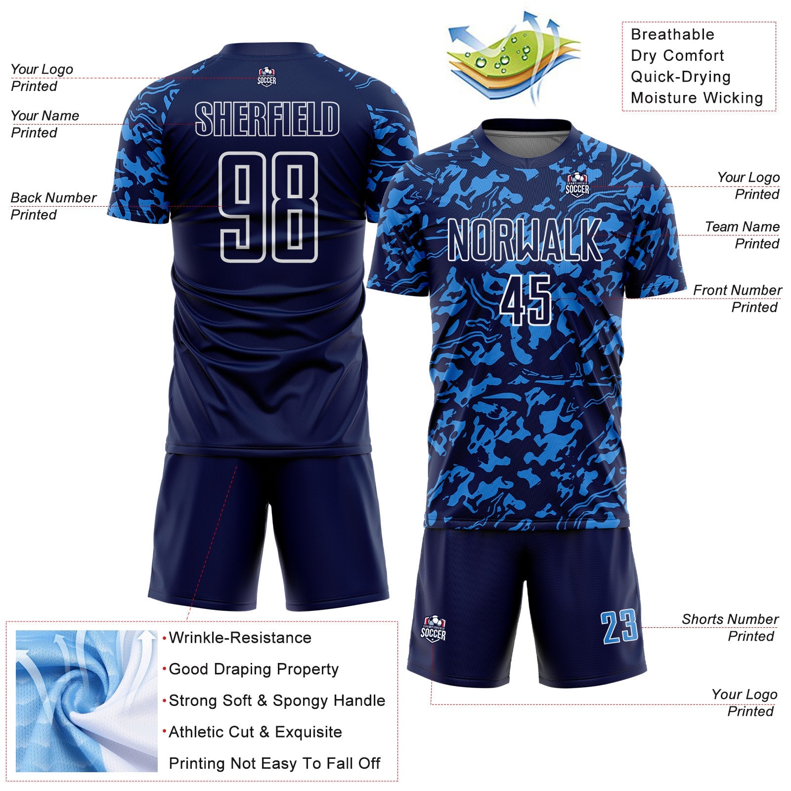 Custom Navy Powder Blue-White Liquid Fluid Pattern Sports Sublimation Soccer Uniform Jersey