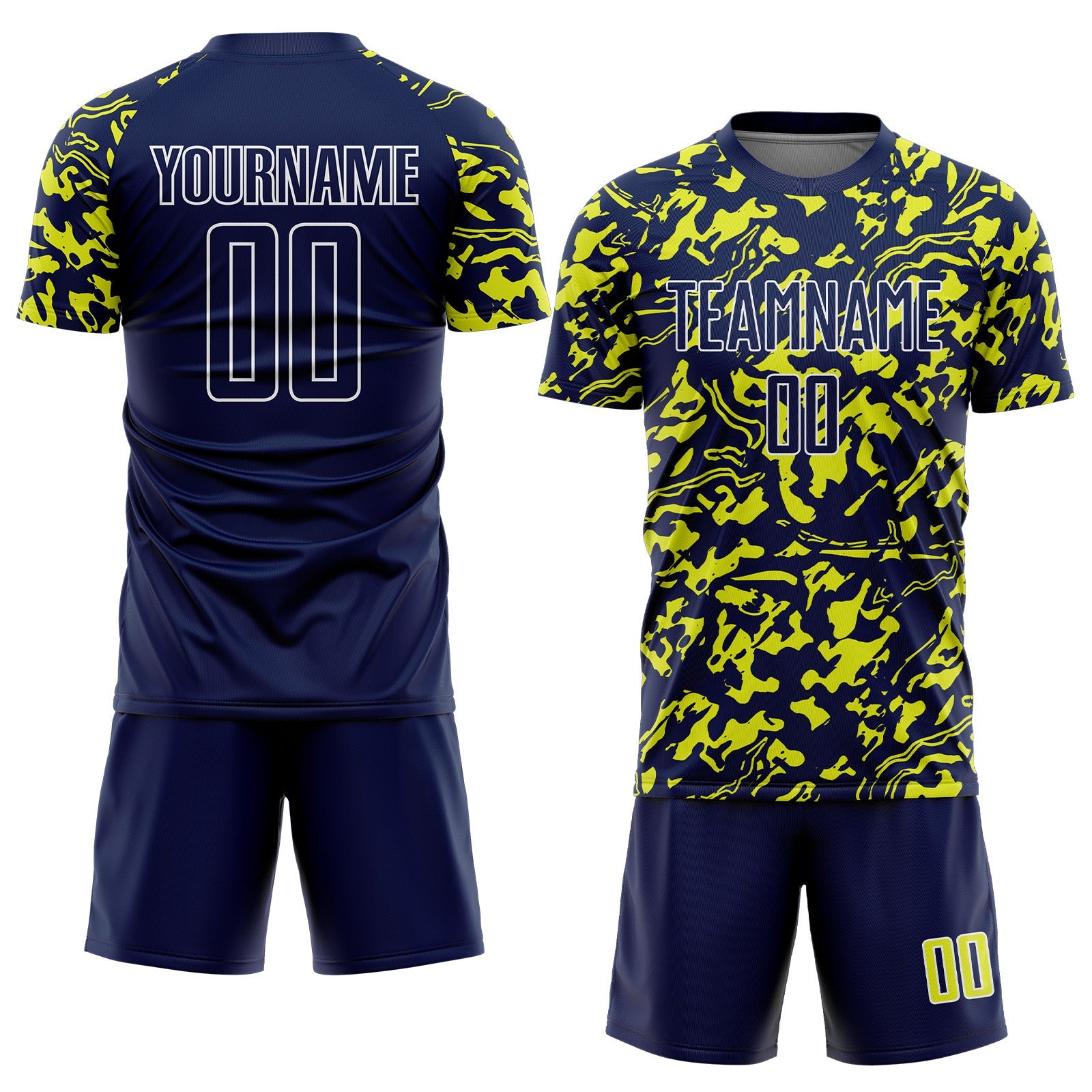 Custom Navy Neon Yellow-White Liquid Fluid Pattern Sports Sublimation Soccer Uniform Jersey