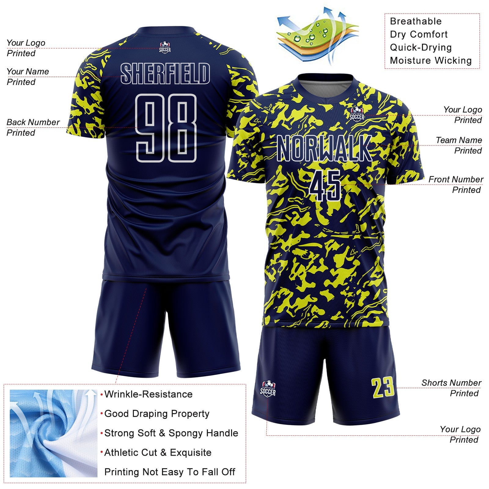 Custom Navy Neon Yellow-White Liquid Fluid Pattern Sports Sublimation Soccer Uniform Jersey
