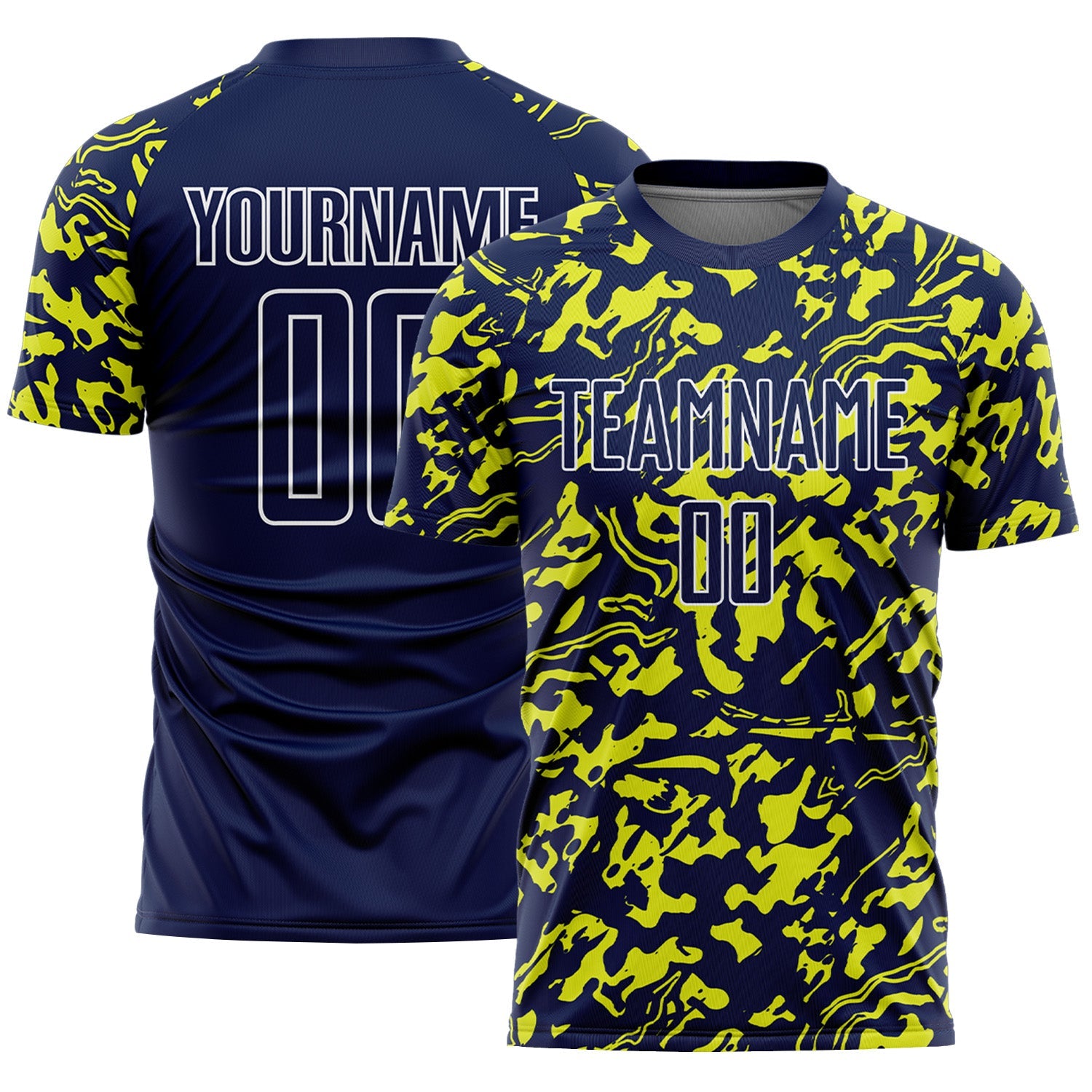 Custom Navy Neon Yellow-White Liquid Fluid Pattern Sports Sublimation Soccer Uniform Jersey