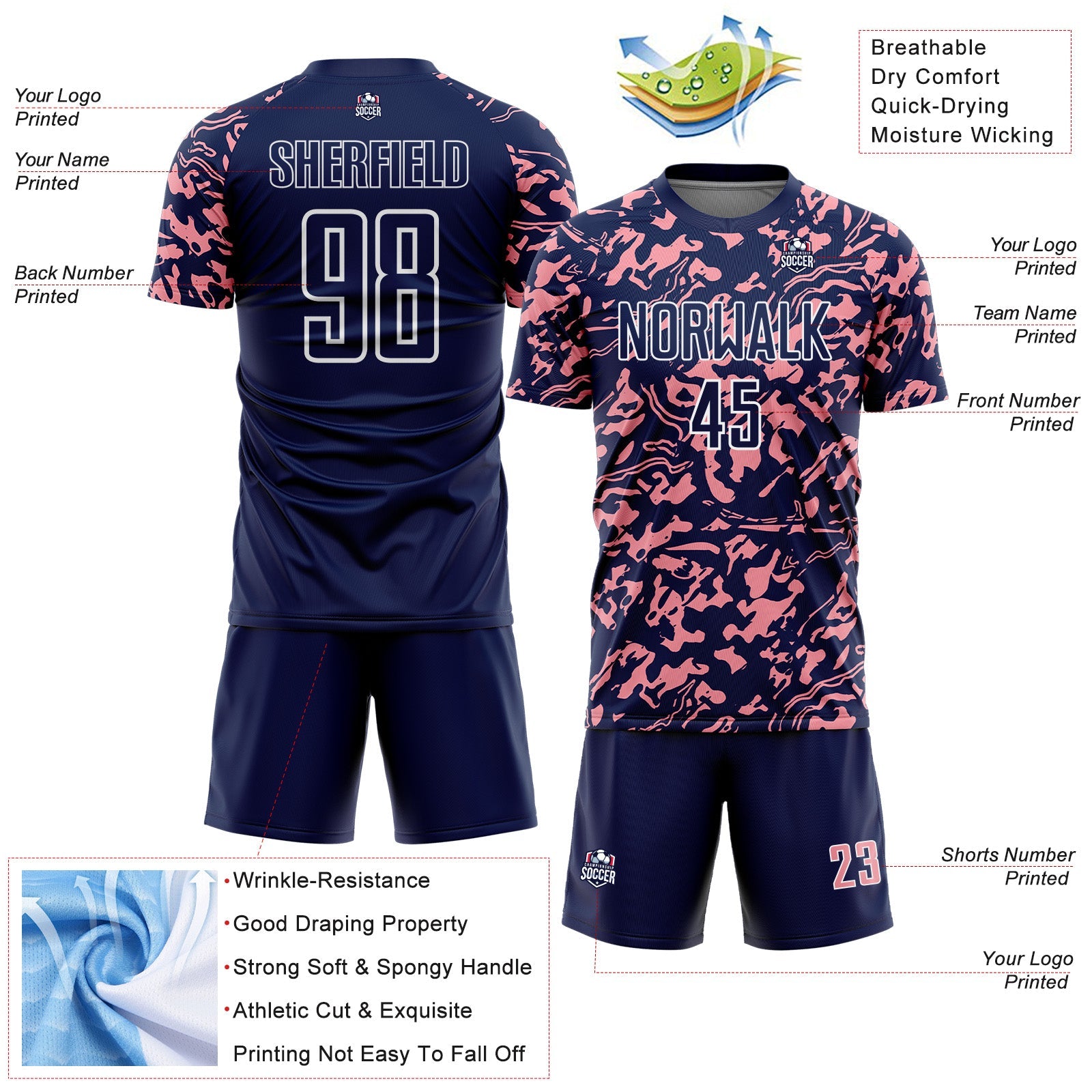 Custom Navy Medium Pink-White Liquid Fluid Pattern Sports Sublimation Soccer Uniform Jersey