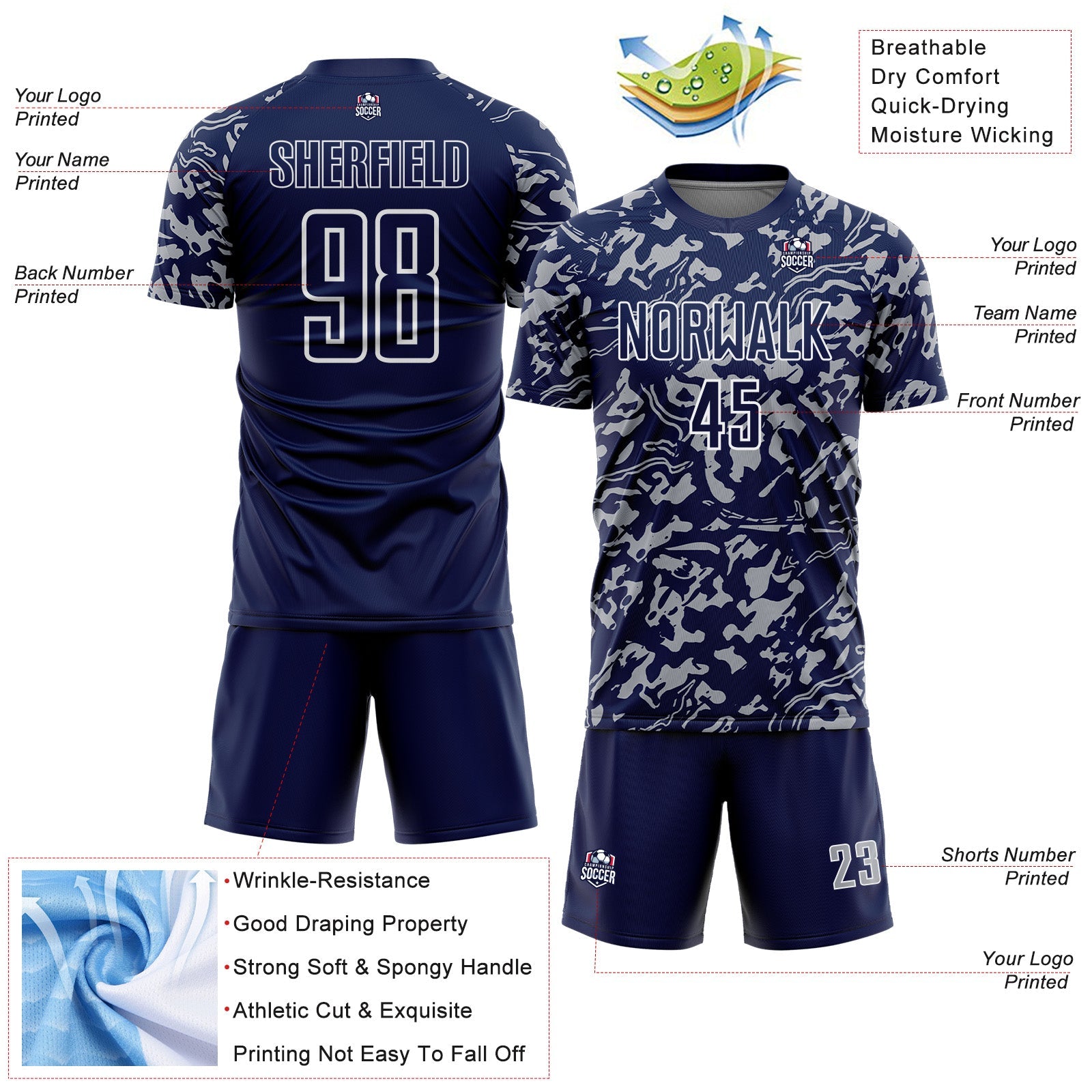 Custom Navy Gray-White Liquid Fluid Pattern Sports Sublimation Soccer Uniform Jersey