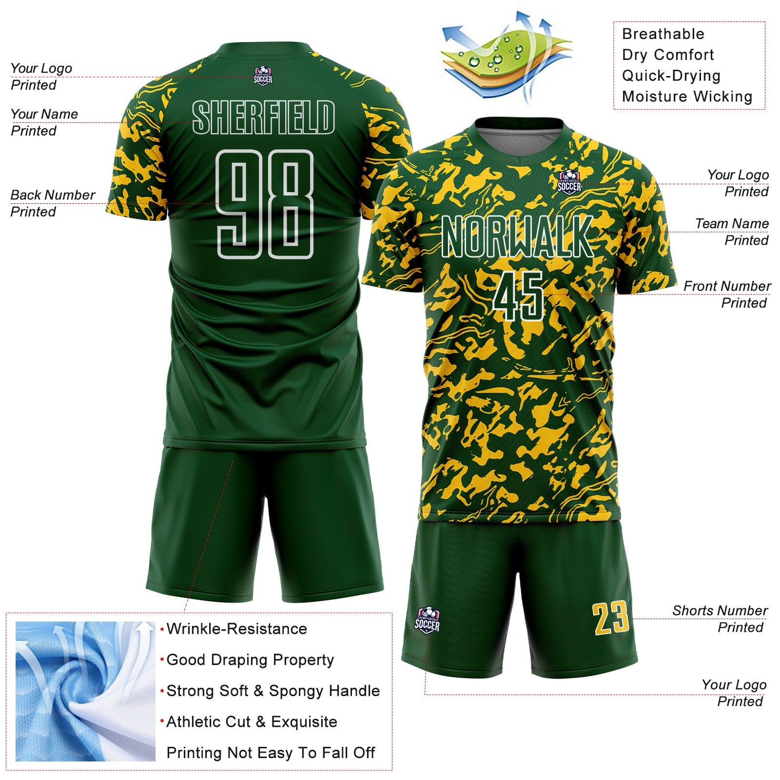 Custom Green Yellow-White Liquid Fluid Pattern Sports Sublimation Soccer Uniform Jersey