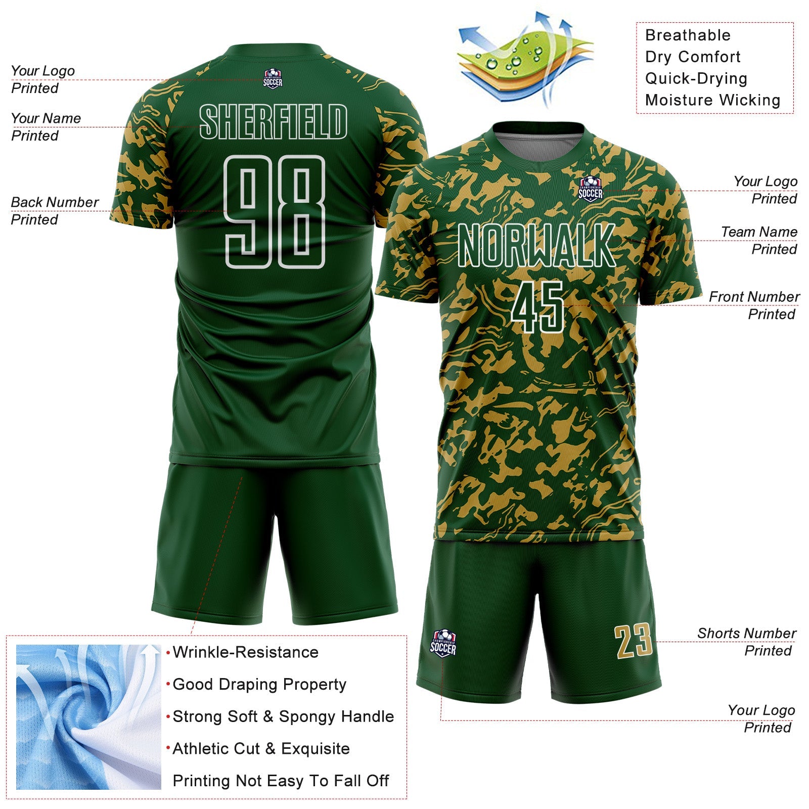 Custom Green Old Gold-White Liquid Fluid Pattern Sports Sublimation Soccer Uniform Jersey