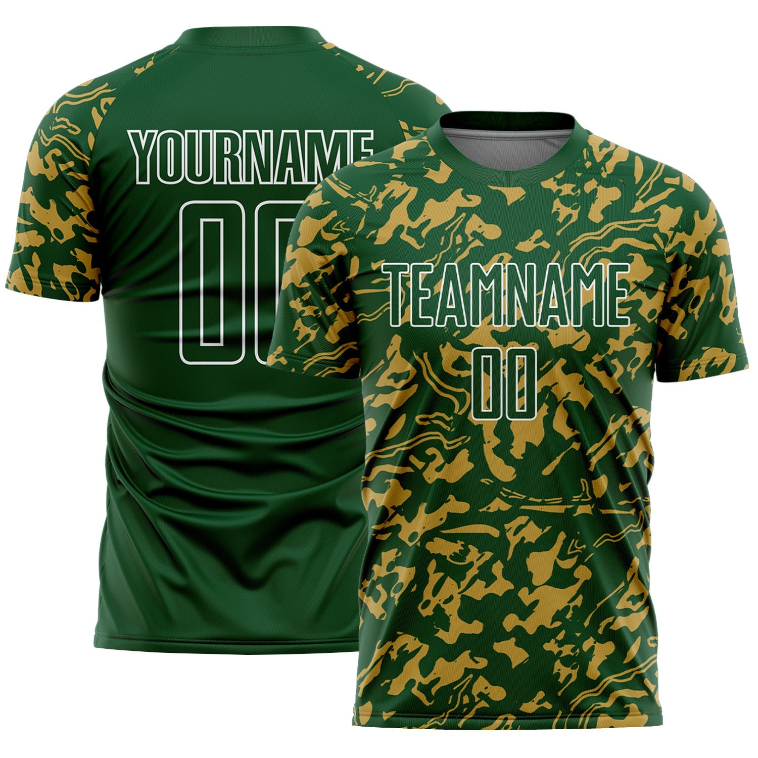 Custom Green Old Gold-White Liquid Fluid Pattern Sports Sublimation Soccer Uniform Jersey