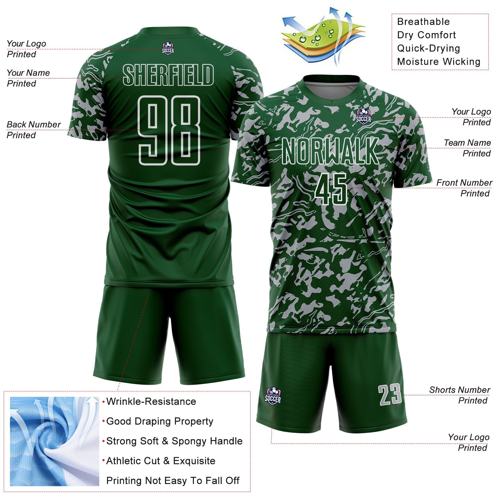 Custom Green Gray-White Liquid Fluid Pattern Sports Sublimation Soccer Uniform Jersey
