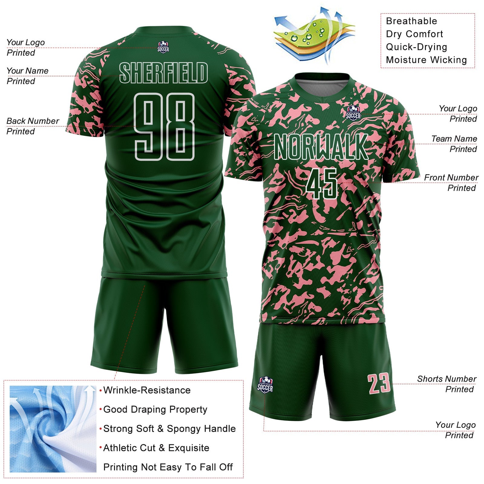 Custom Green Medium Pink-White Liquid Fluid Pattern Sports Sublimation Soccer Uniform Jersey