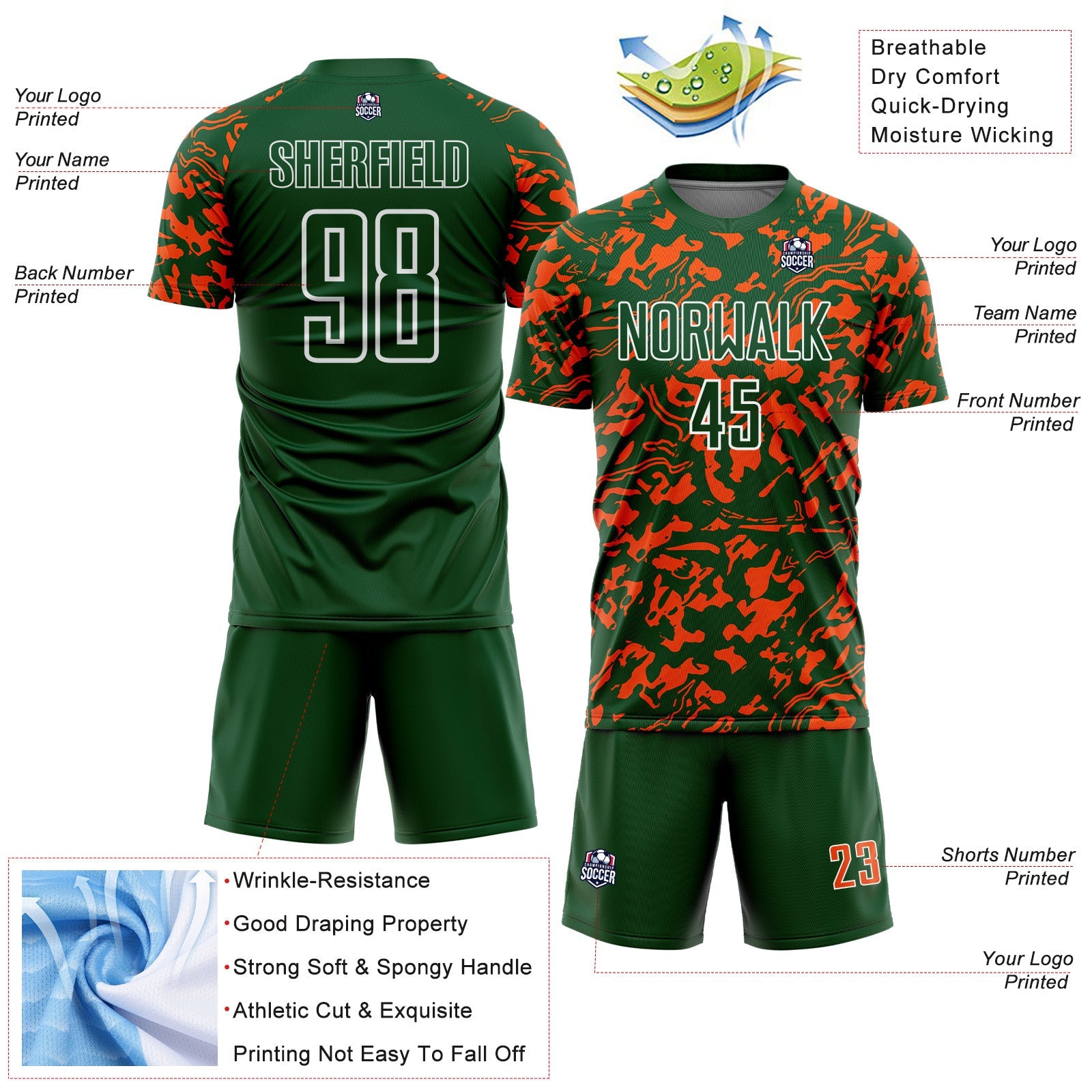 Custom Green Orange-White Liquid Fluid Pattern Sports Sublimation Soccer Uniform Jersey