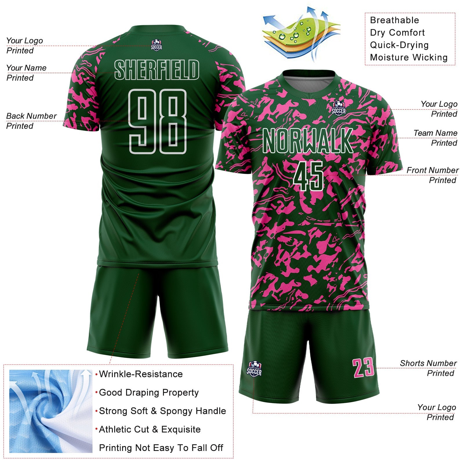 Custom Green Pink-White Liquid Fluid Pattern Sports Sublimation Soccer Uniform Jersey