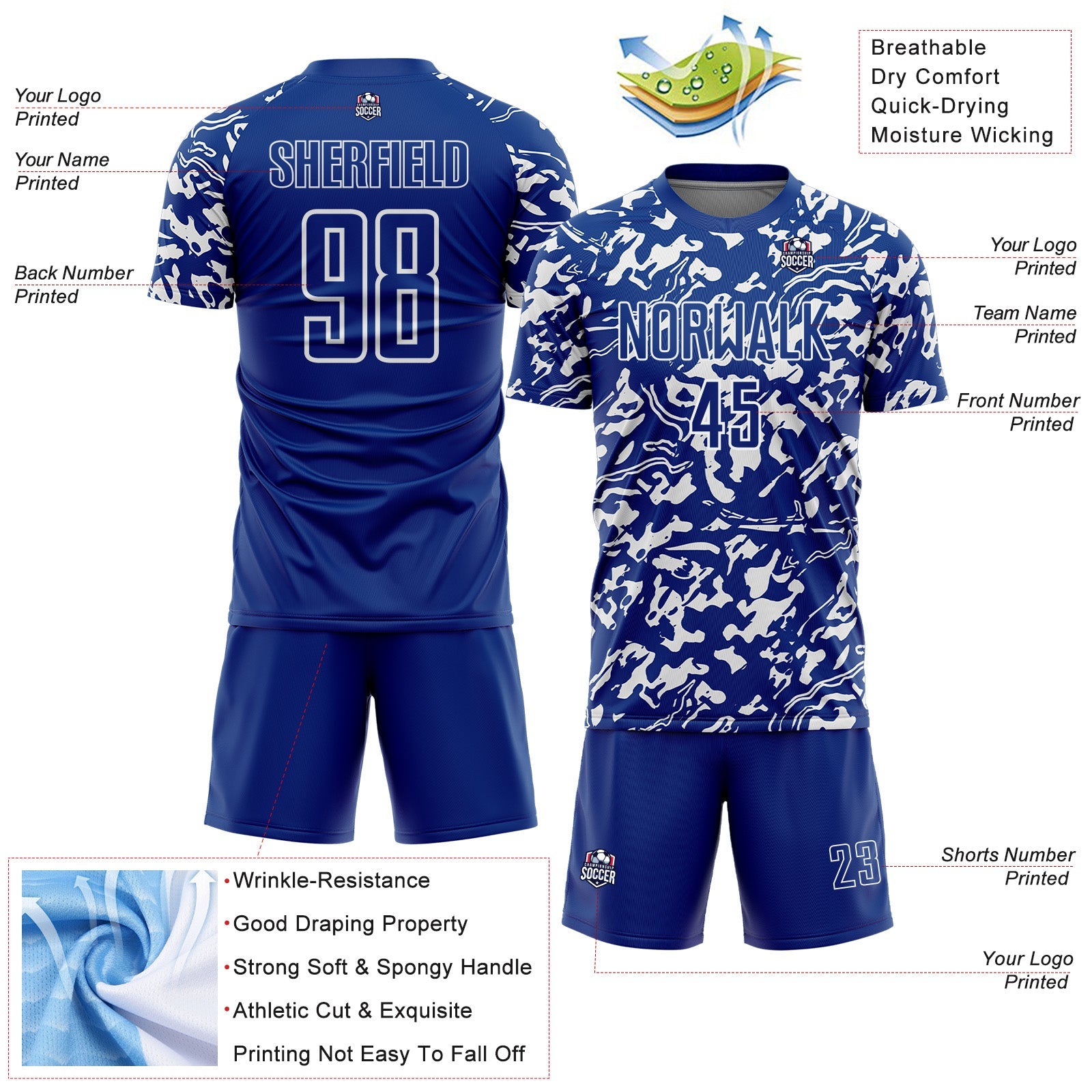 Custom Royal White Liquid Fluid Pattern Sports Sublimation Soccer Uniform Jersey