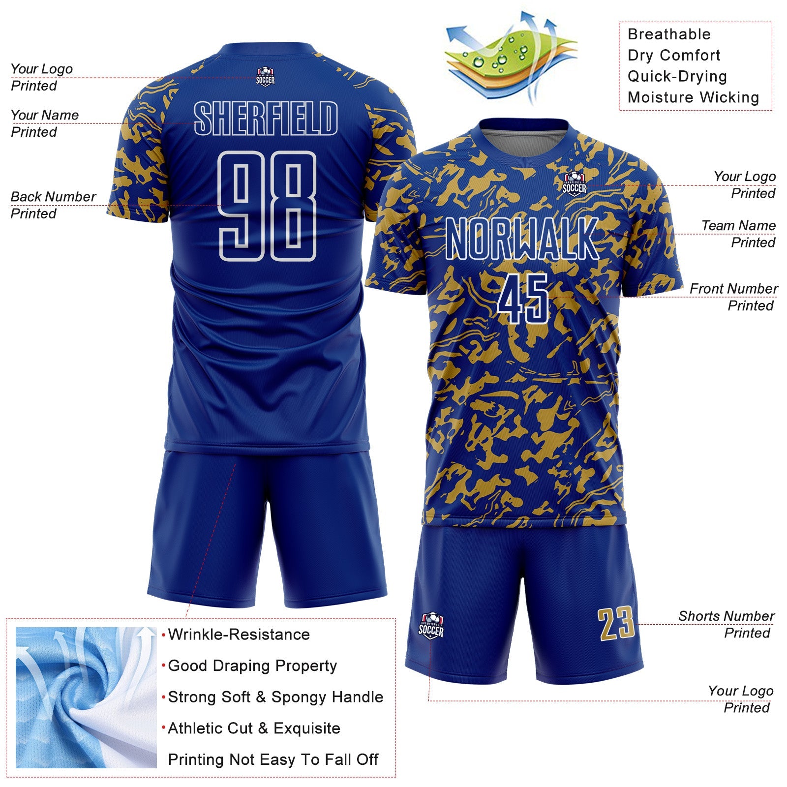 Custom Royal Old Gold-White Liquid Fluid Pattern Sports Sublimation Soccer Uniform Jersey