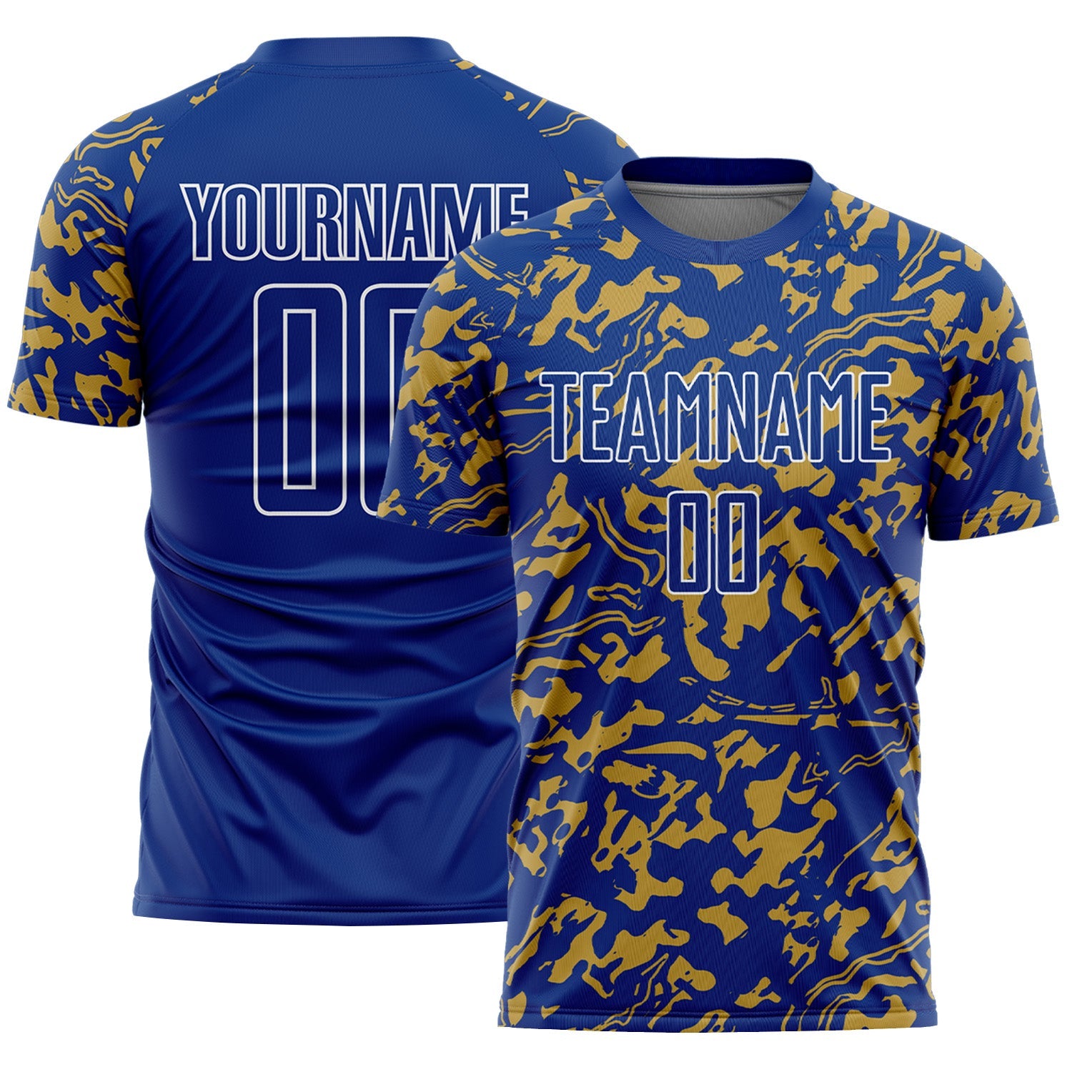 Custom Royal Old Gold-White Liquid Fluid Pattern Sports Sublimation Soccer Uniform Jersey