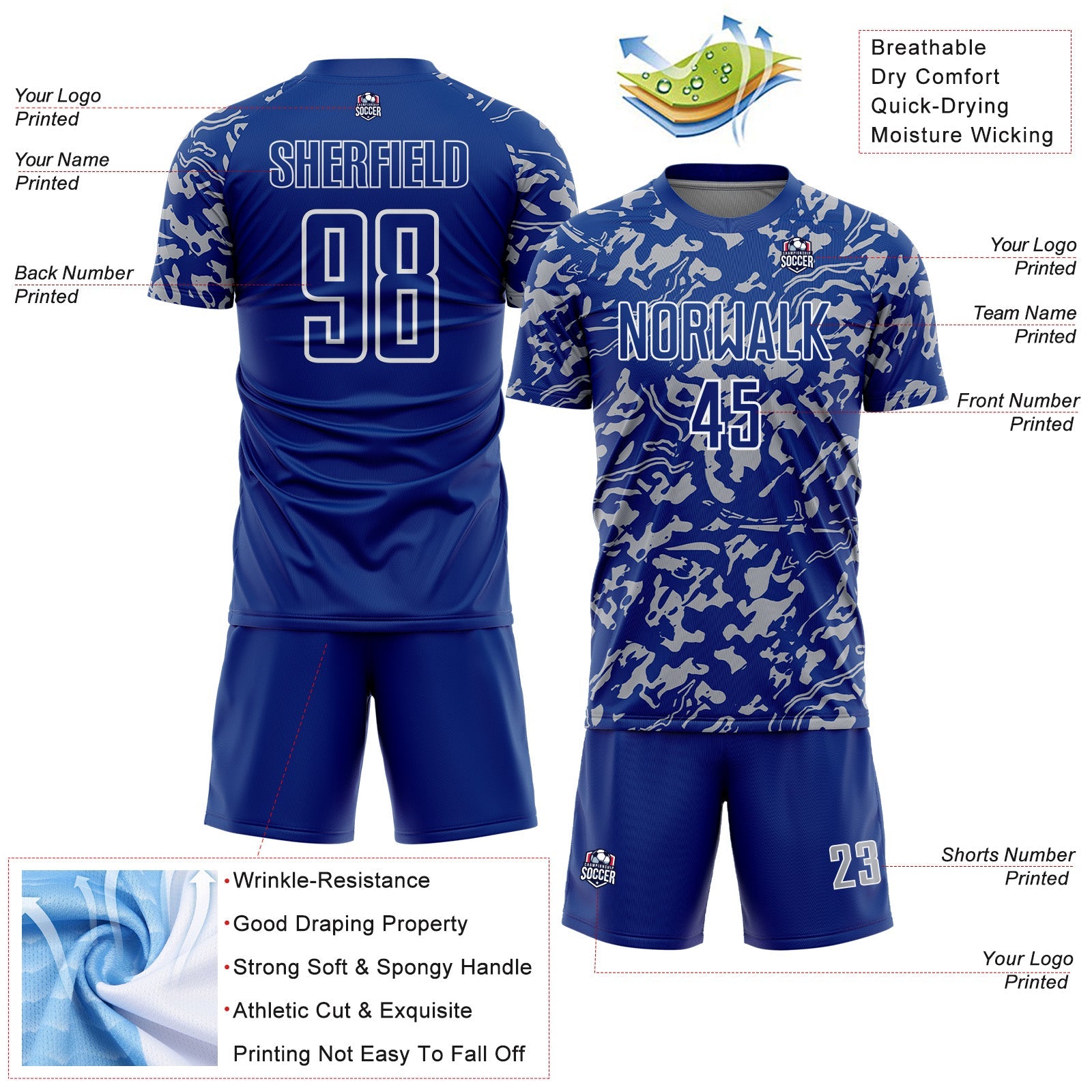Custom Royal Gray-White Liquid Fluid Pattern Sports Sublimation Soccer Uniform Jersey