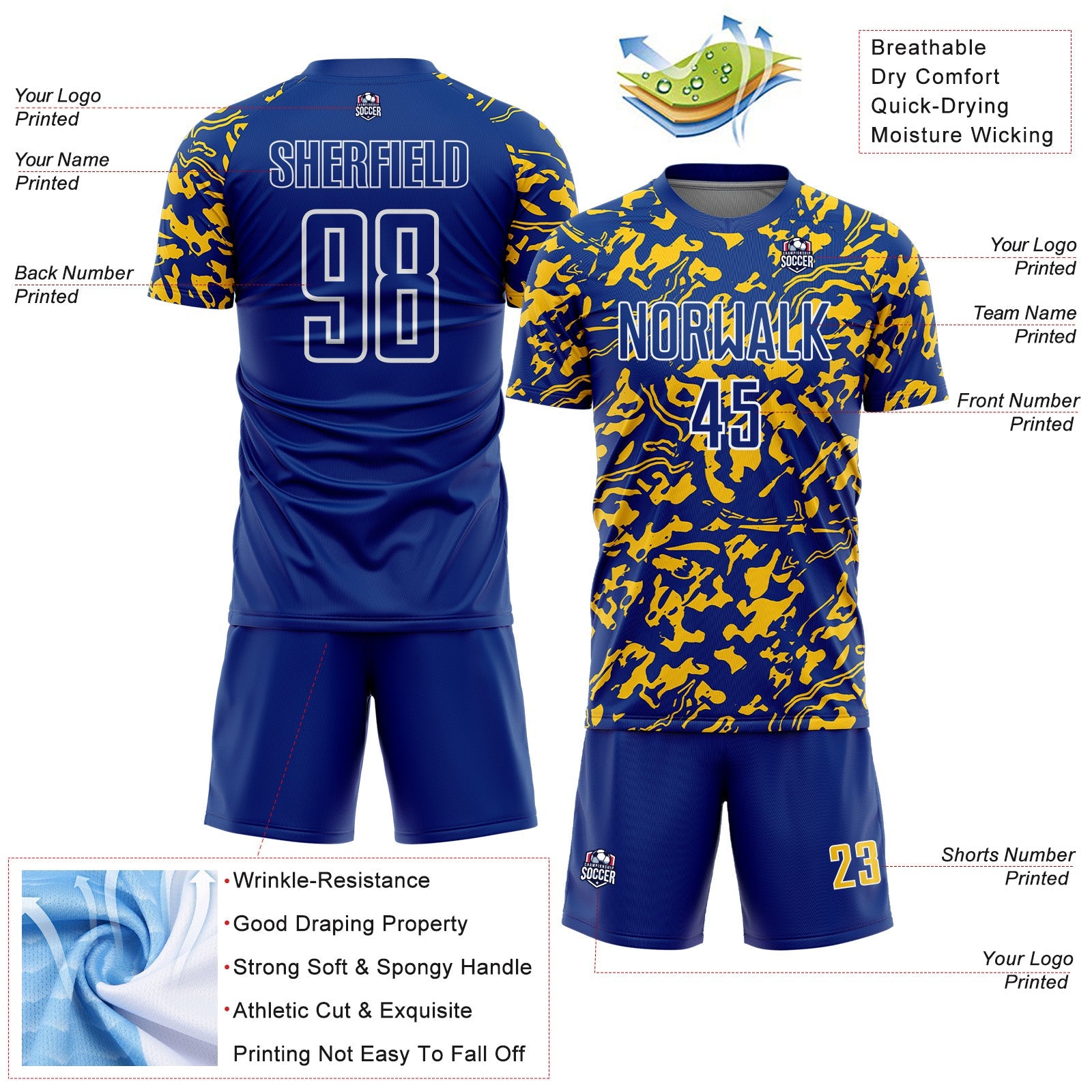Custom Royal Yellow-White Liquid Fluid Pattern Sports Sublimation Soccer Uniform Jersey