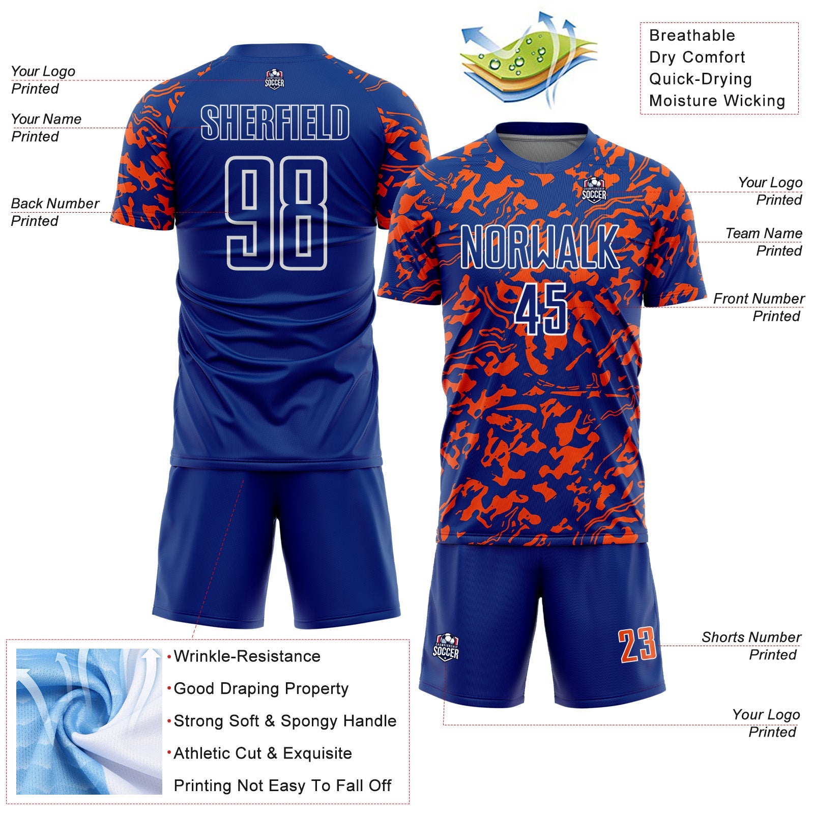 Custom Royal Orange-White Liquid Fluid Pattern Sports Sublimation Soccer Uniform Jersey