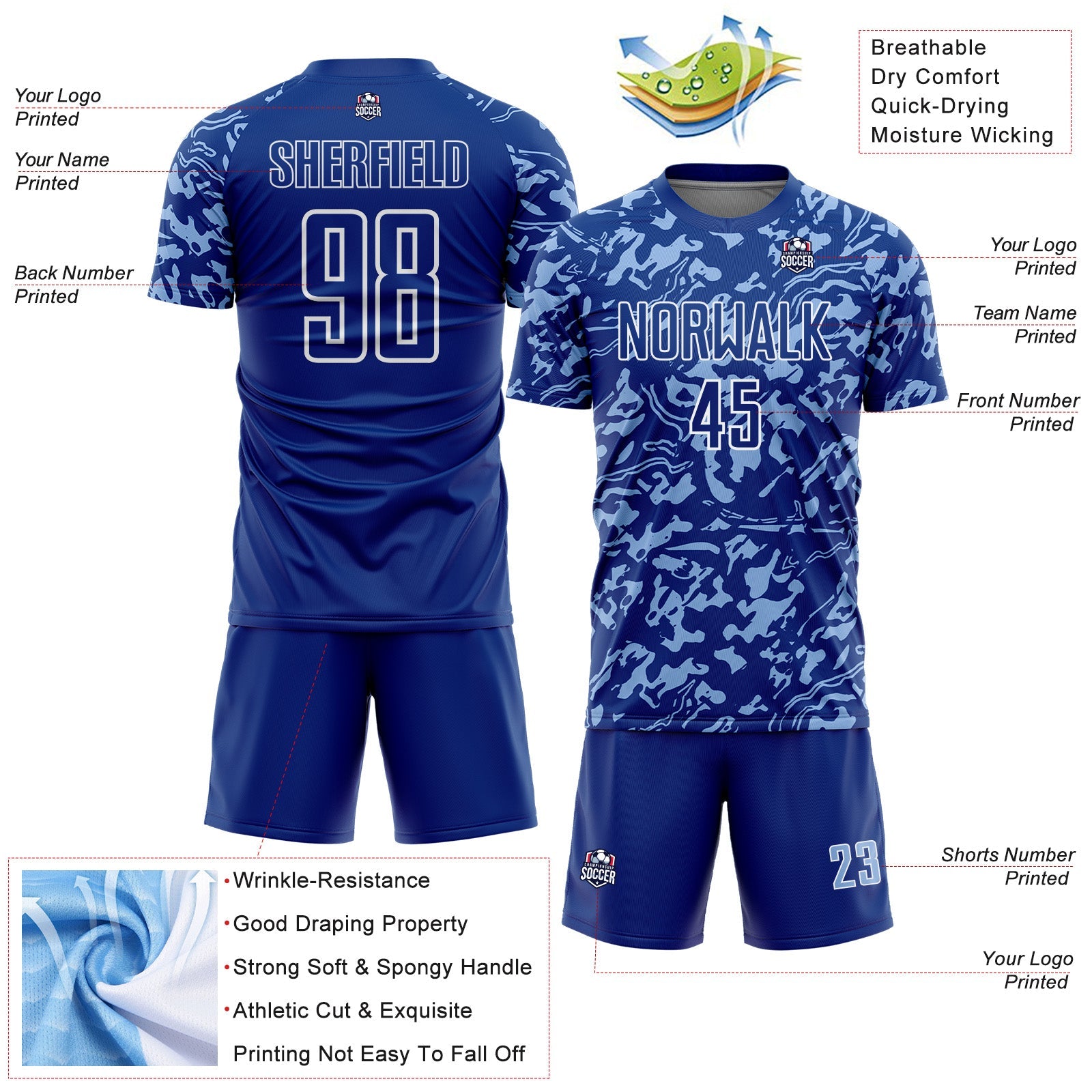Custom Royal Light Blue-White Liquid Fluid Pattern Sports Sublimation Soccer Uniform Jersey