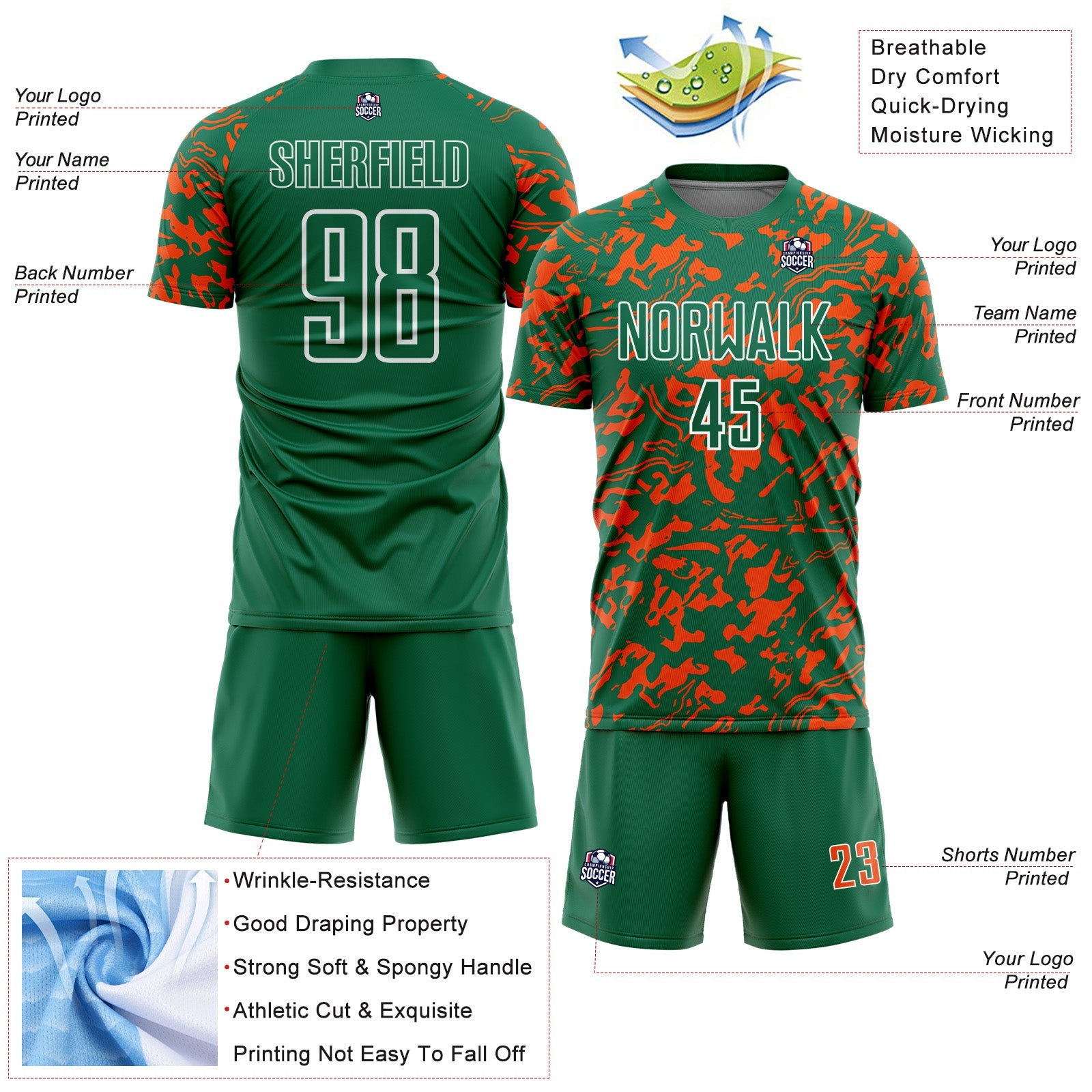 Custom Kelly Green Orange-White Liquid Fluid Pattern Sports Sublimation Soccer Uniform Jersey