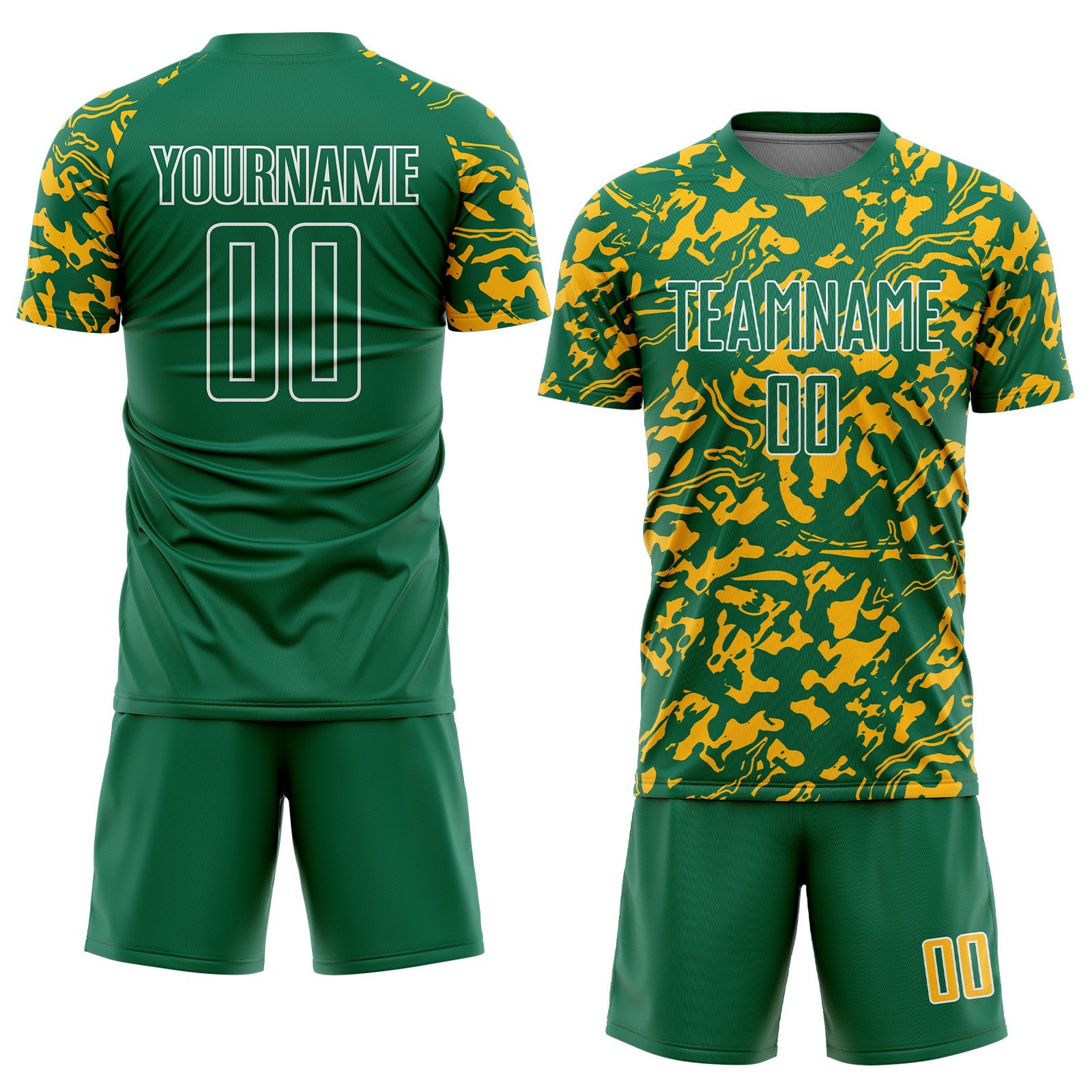 Custom Kelly Green Gold-White Liquid Fluid Pattern Sports Sublimation Soccer Uniform Jersey