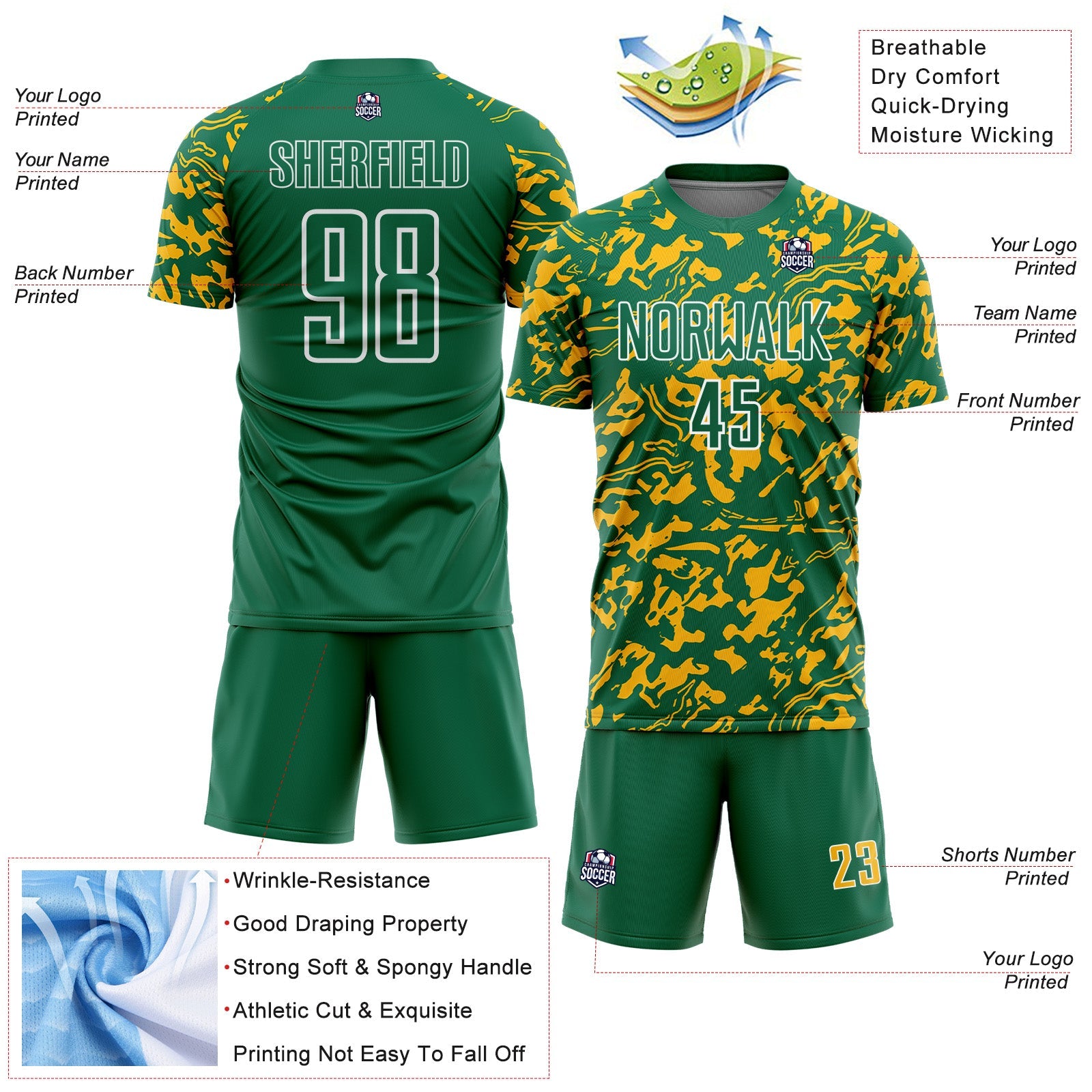 Custom Kelly Green Gold-White Liquid Fluid Pattern Sports Sublimation Soccer Uniform Jersey