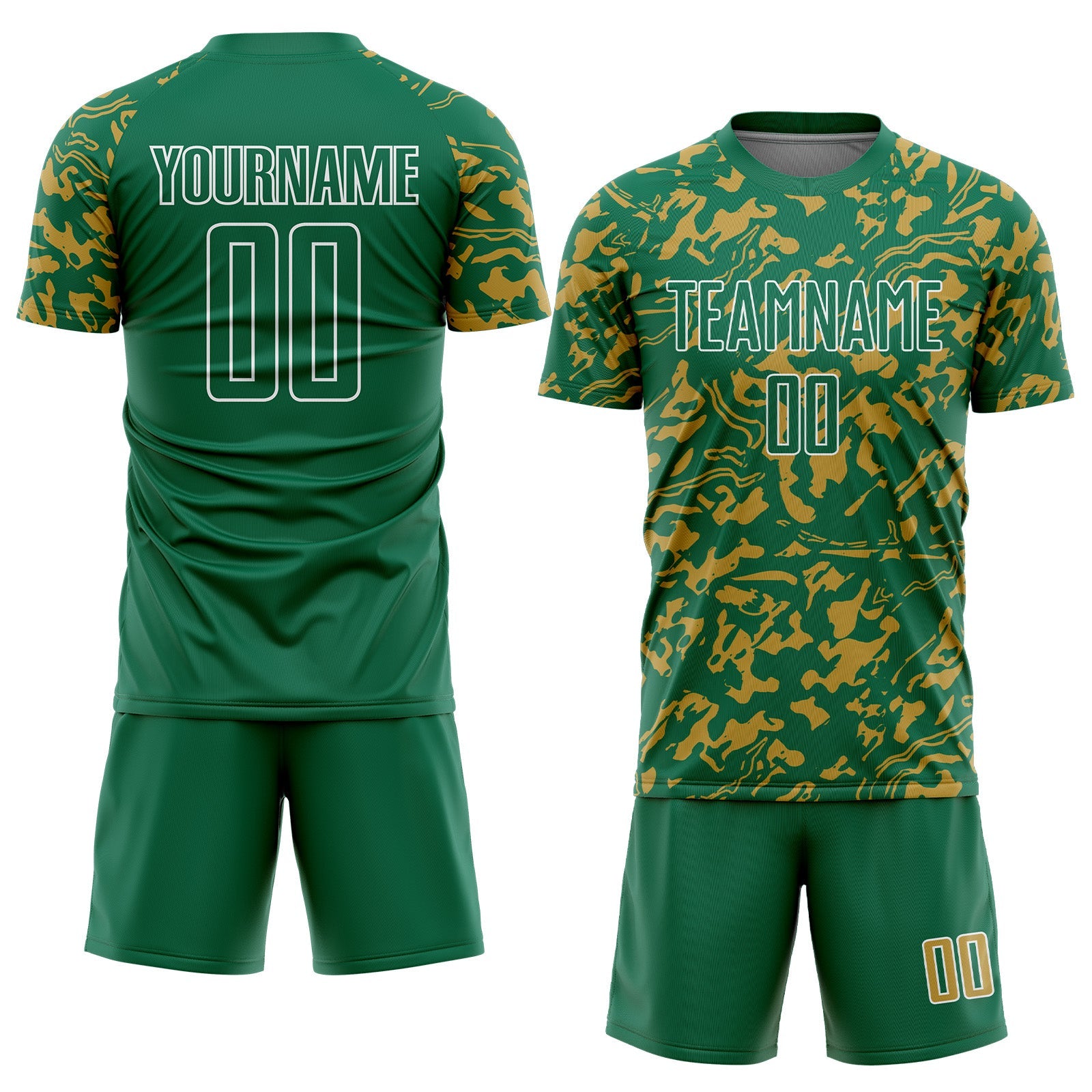 Custom Kelly Green Old Gold-White Liquid Fluid Pattern Sports Sublimation Soccer Uniform Jersey