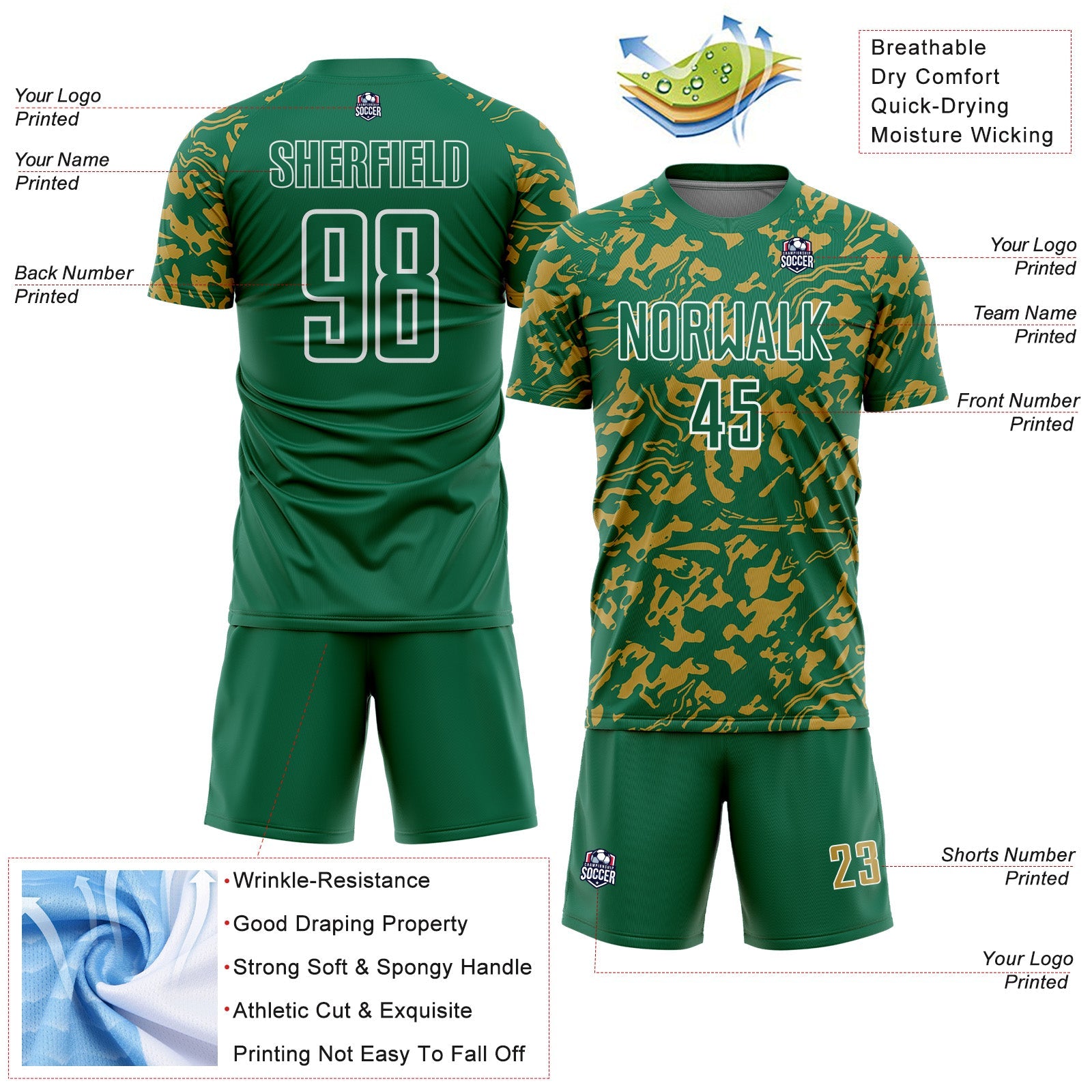 Custom Kelly Green Old Gold-White Liquid Fluid Pattern Sports Sublimation Soccer Uniform Jersey