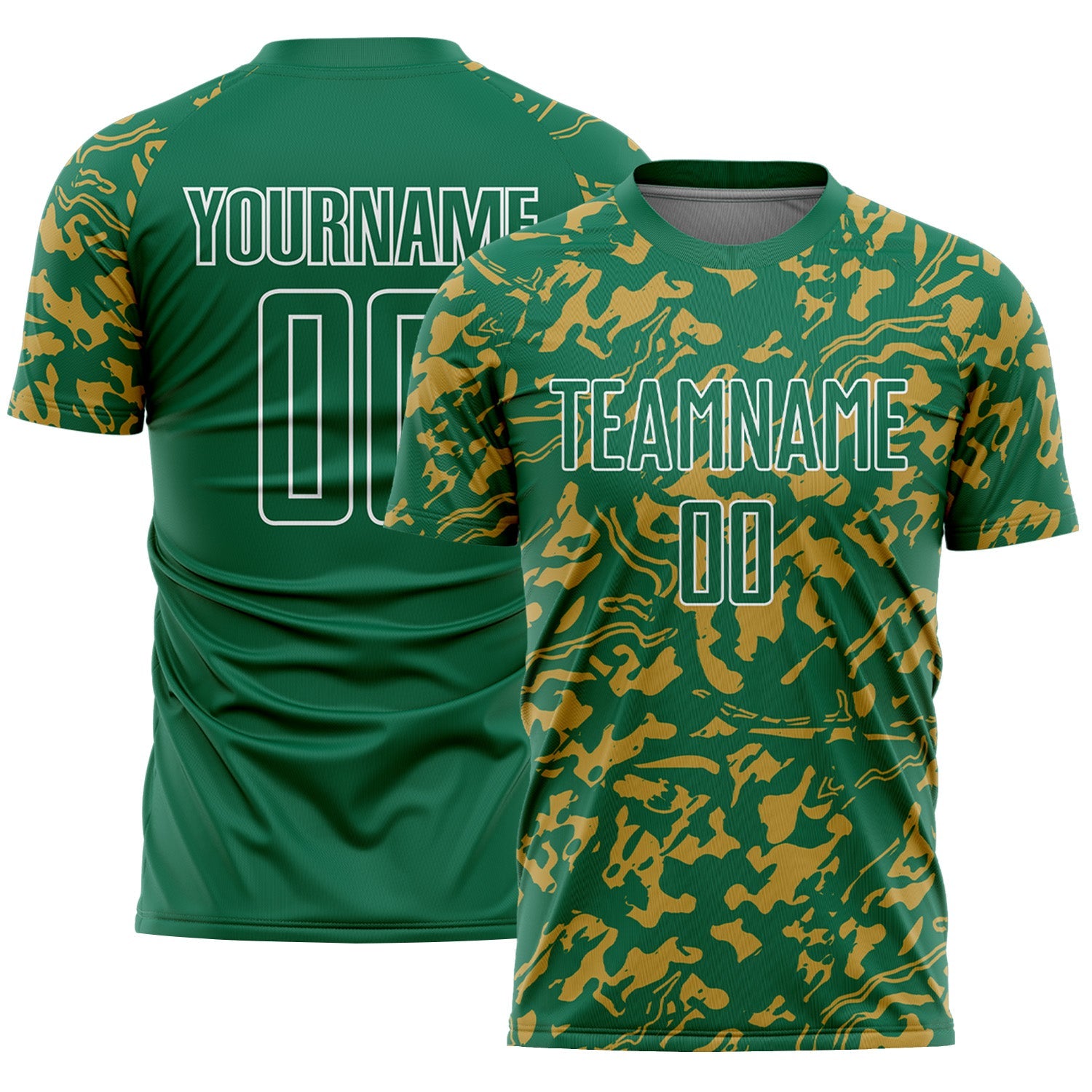 Custom Kelly Green Old Gold-White Liquid Fluid Pattern Sports Sublimation Soccer Uniform Jersey
