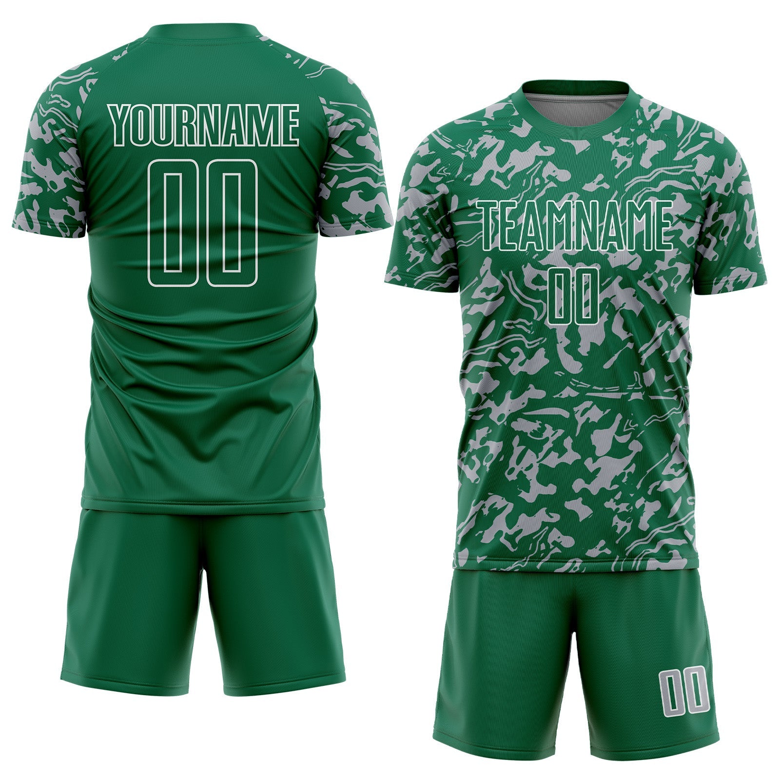 Custom Kelly Green Gray-White Liquid Fluid Pattern Sports Sublimation Soccer Uniform Jersey