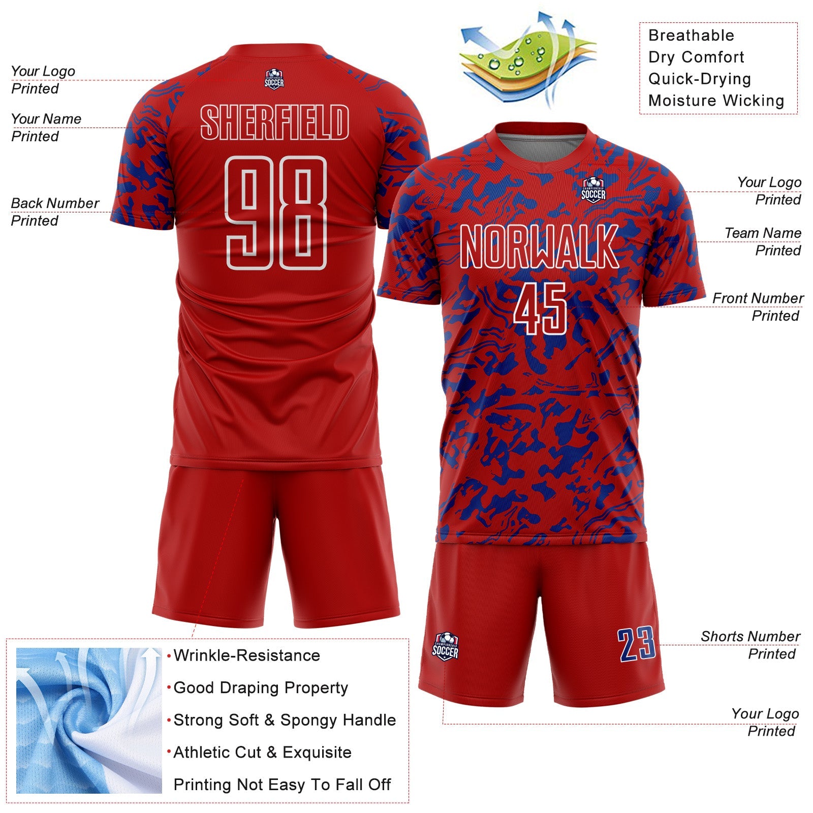Custom Red Royal-White Liquid Fluid Pattern Sports Sublimation Soccer Uniform Jersey