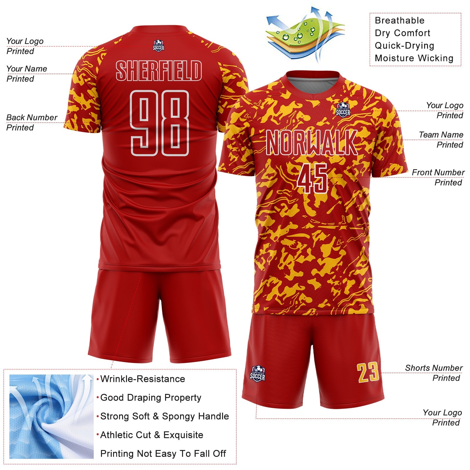 Custom Red Gold-White Liquid Fluid Pattern Sports Sublimation Soccer Uniform Jersey
