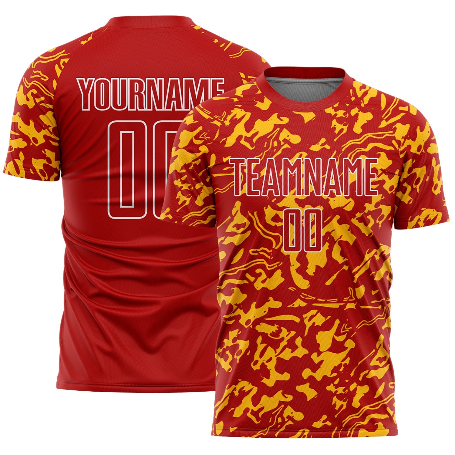 Custom Red Gold-White Liquid Fluid Pattern Sports Sublimation Soccer Uniform Jersey