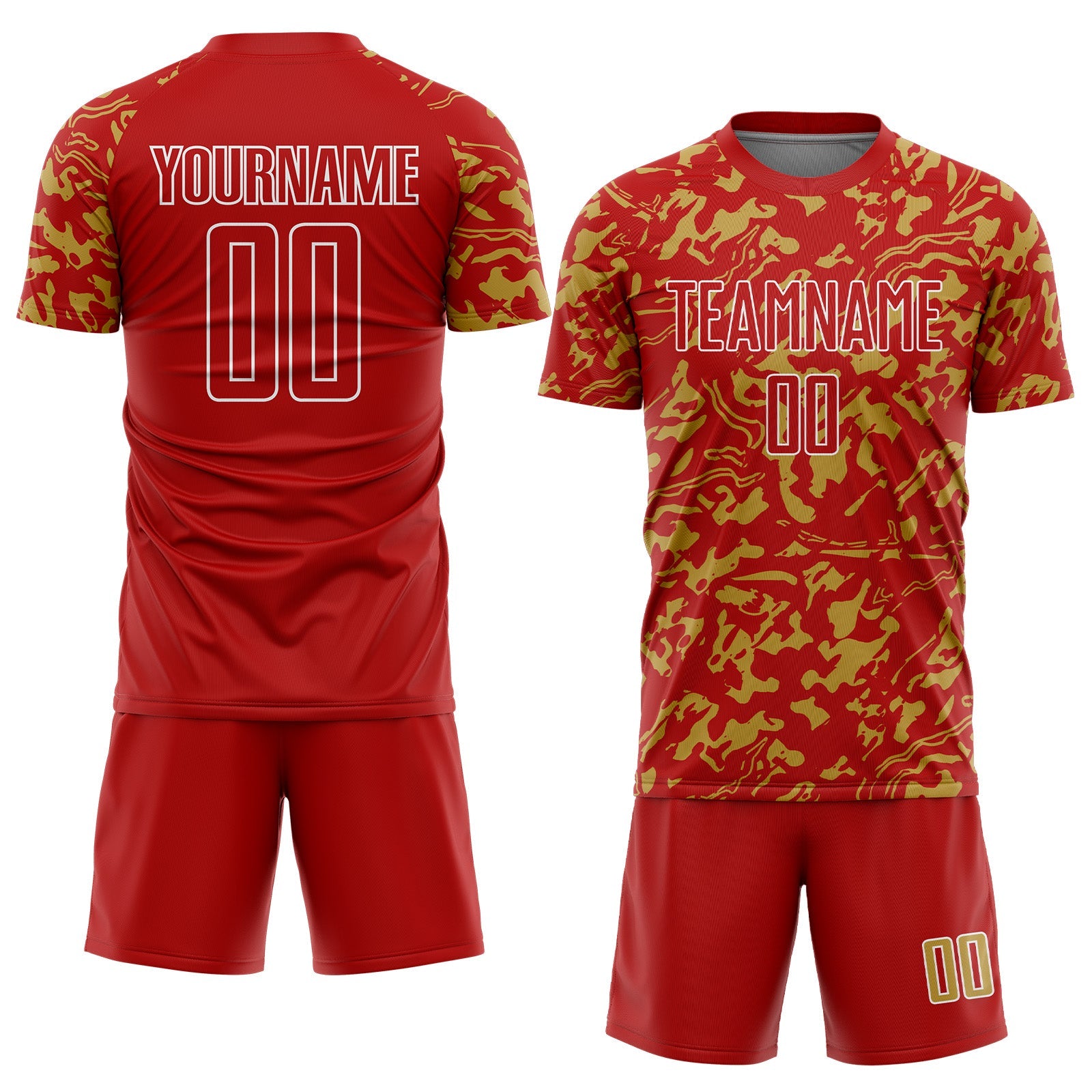 Custom Red Old Gold-White Liquid Fluid Pattern Sports Sublimation Soccer Uniform Jersey