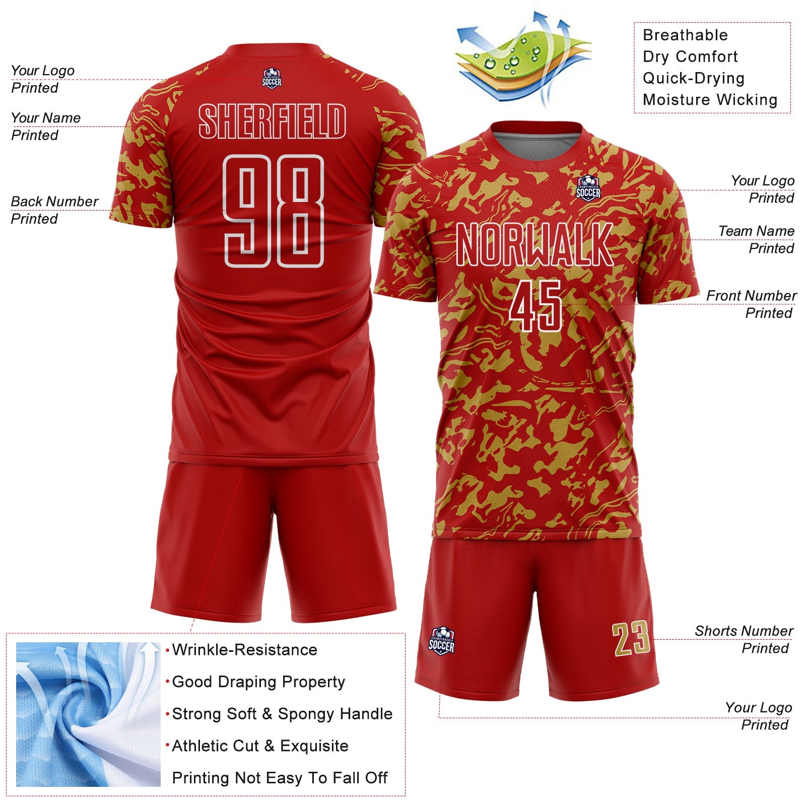 Custom Red Old Gold-White Liquid Fluid Pattern Sports Sublimation Soccer Uniform Jersey