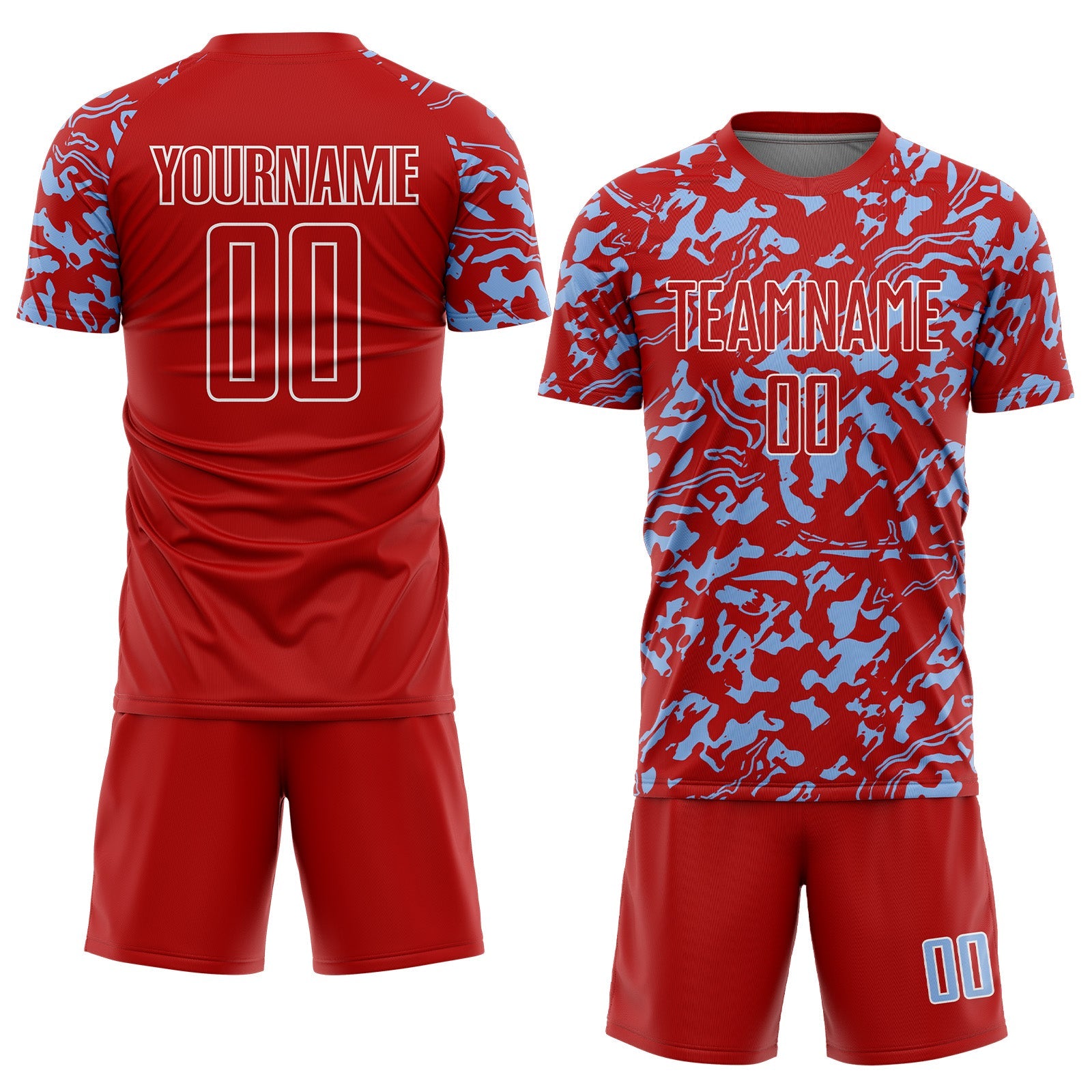 Custom Red Light Blue-White Liquid Fluid Pattern Sports Sublimation Soccer Uniform Jersey