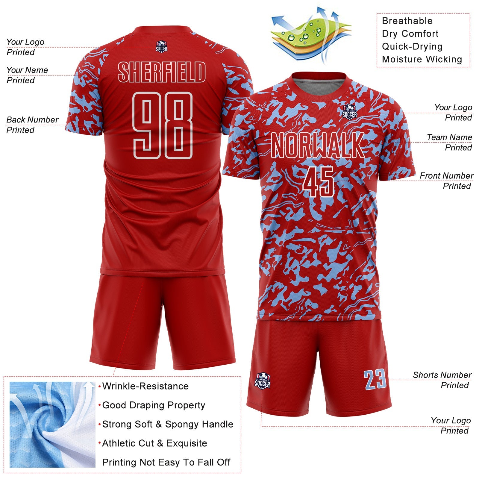Custom Red Light Blue-White Liquid Fluid Pattern Sports Sublimation Soccer Uniform Jersey
