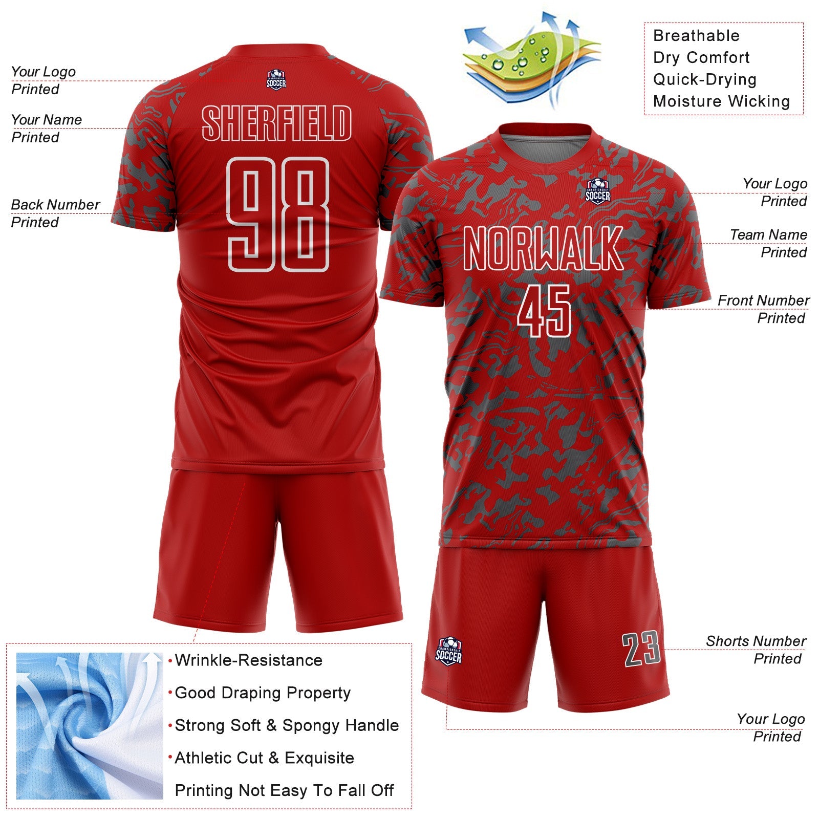 Custom Red Steel Gray-White Liquid Fluid Pattern Sports Sublimation Soccer Uniform Jersey