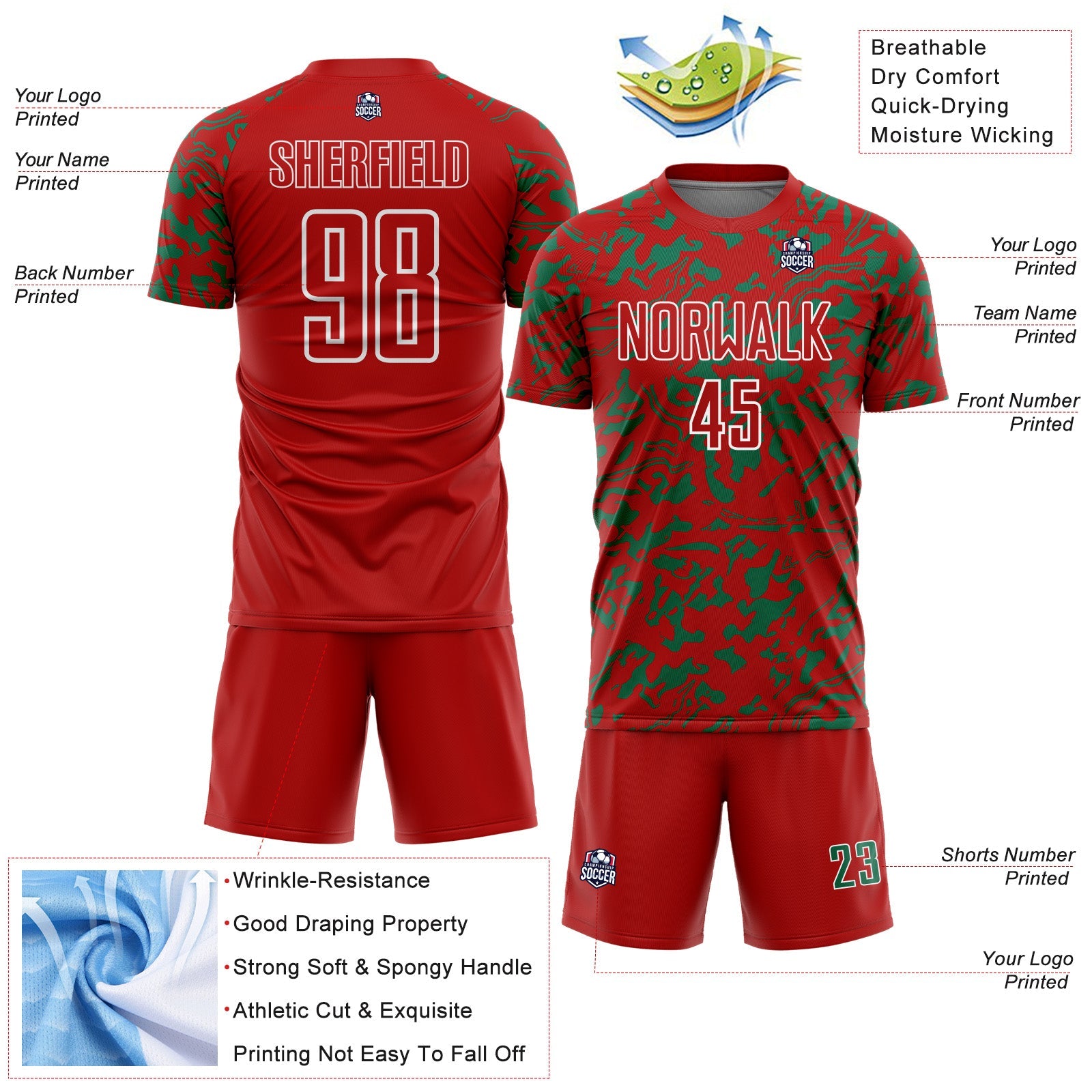 Custom Red Kelly Green-White Liquid Fluid Pattern Sports Sublimation Soccer Uniform Jersey